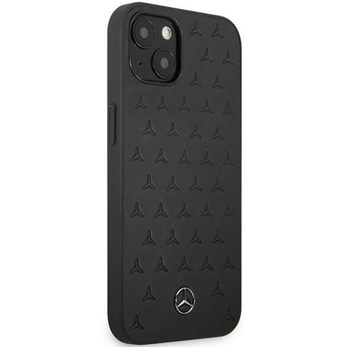 Custodia per telefono nera con motivo ripetuto del logo Mercedes. La custodia ha un modulo fotocamera.