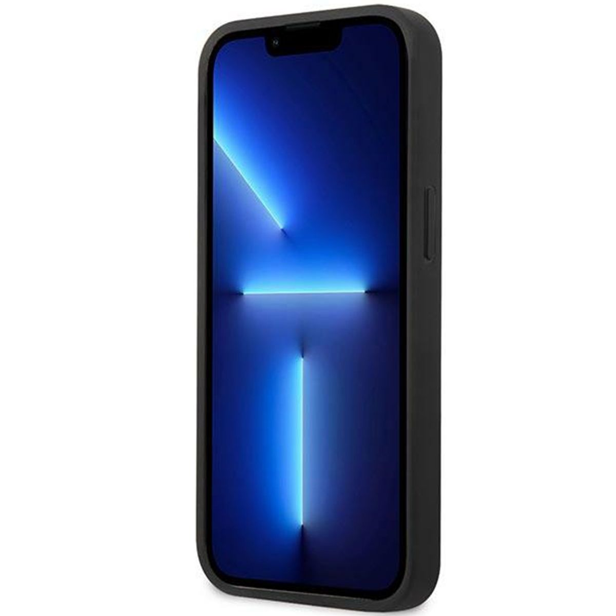 Telefono nero in una custodia nera, lo schermo mostra una sfumatura blu, bianca e viola.