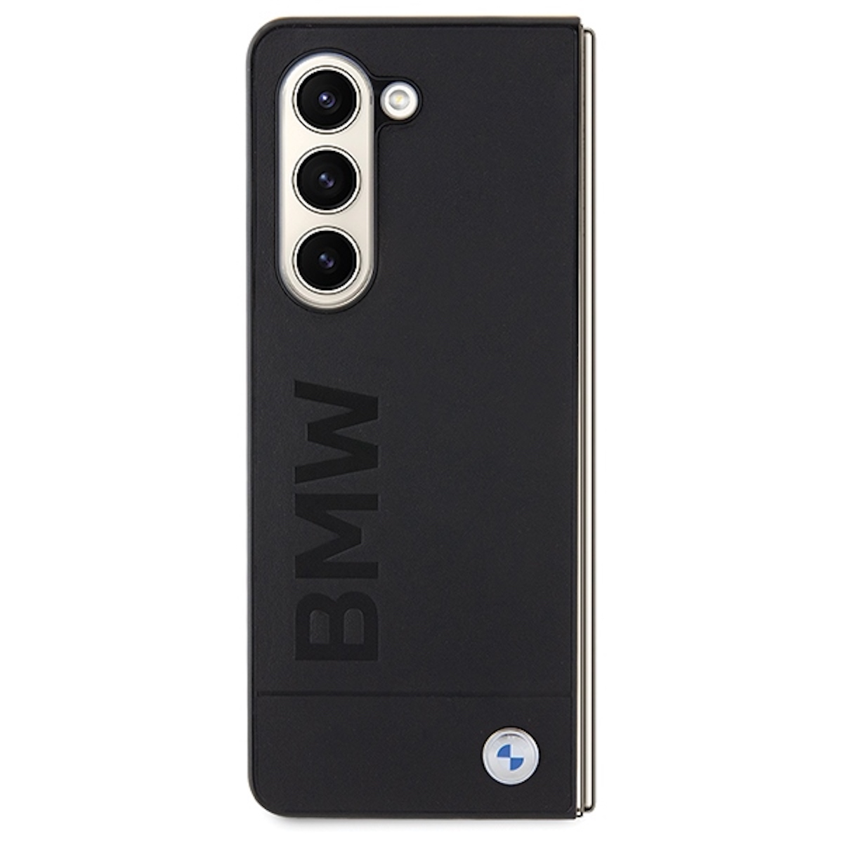 Custodia per telefono nera con logo BMW e configurazione della fotocamera.
