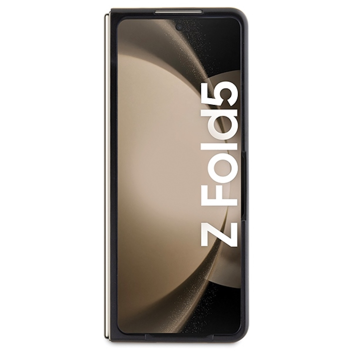 Telefono pieghevole con schermo che mostra 'Z Fold5' in testo bianco, bordo nero.