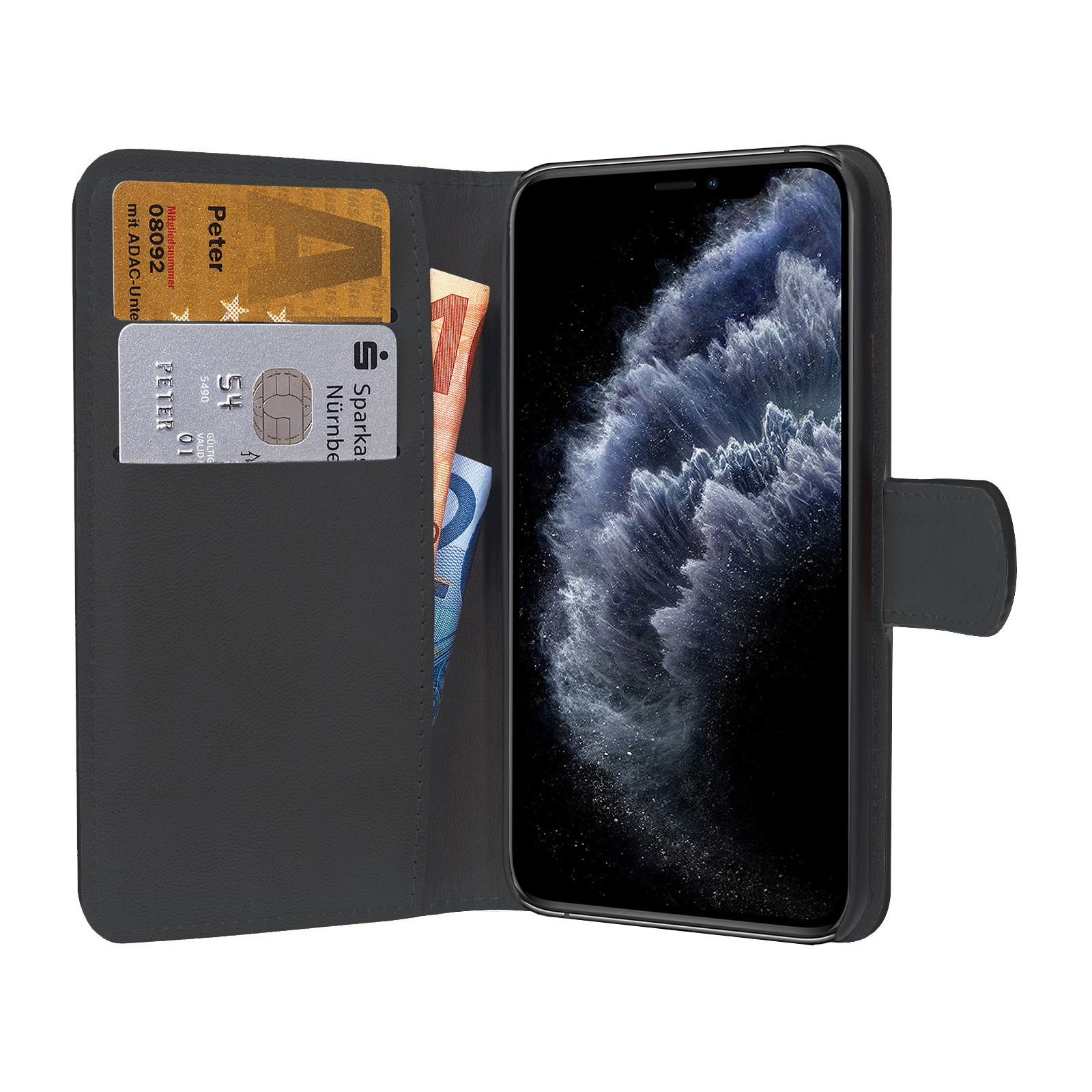 Telefon in schwarzer Brieftasche mit Karten und Bargeld. Der Bildschirm ist an.