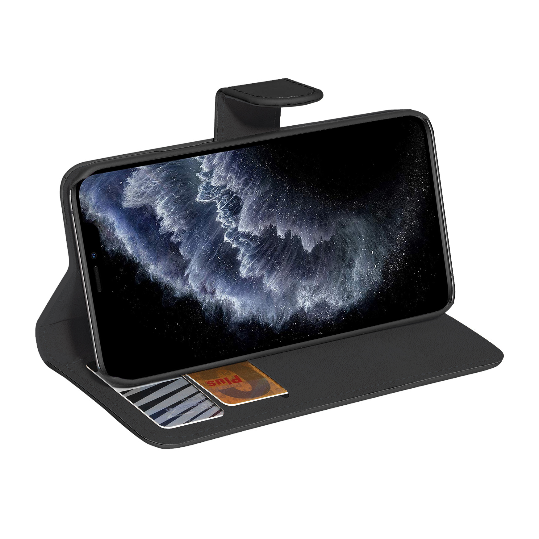 Geöffnete schwarze Handytasche, die das Telefon mit eingeschaltetem Bildschirm und Kartenfächern zeigt.