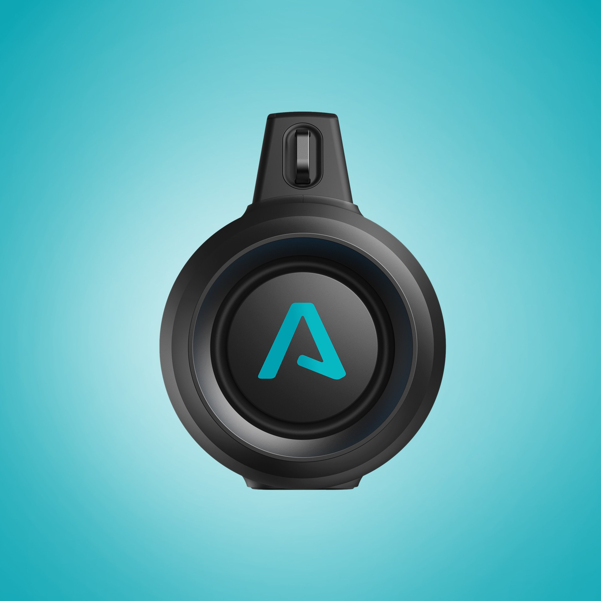 Czarny okrągły głośnik z niebieskim logo „A” na niebieskim tle gradientowym.