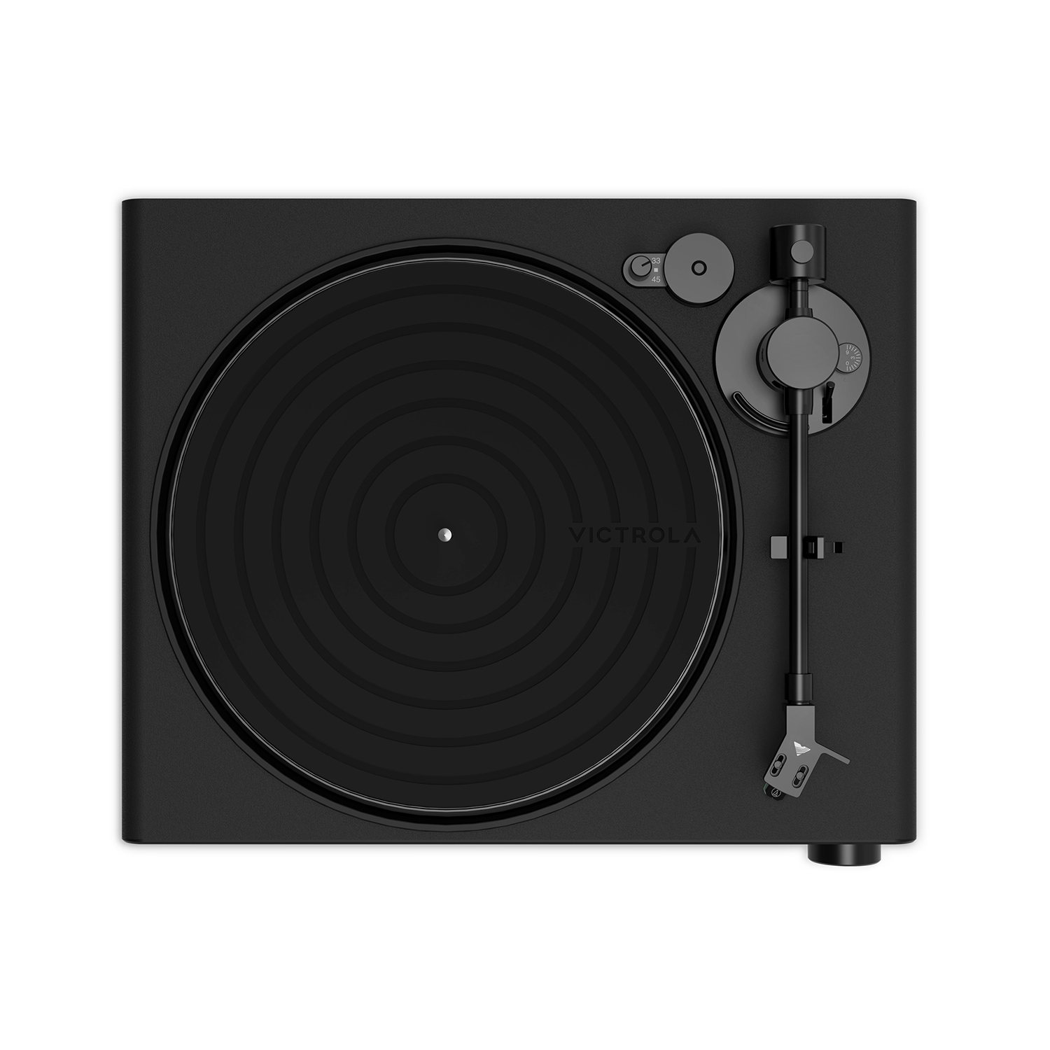 Platine vinyle Victrola noire, vue de dessus, montrant le plateau et le bras.