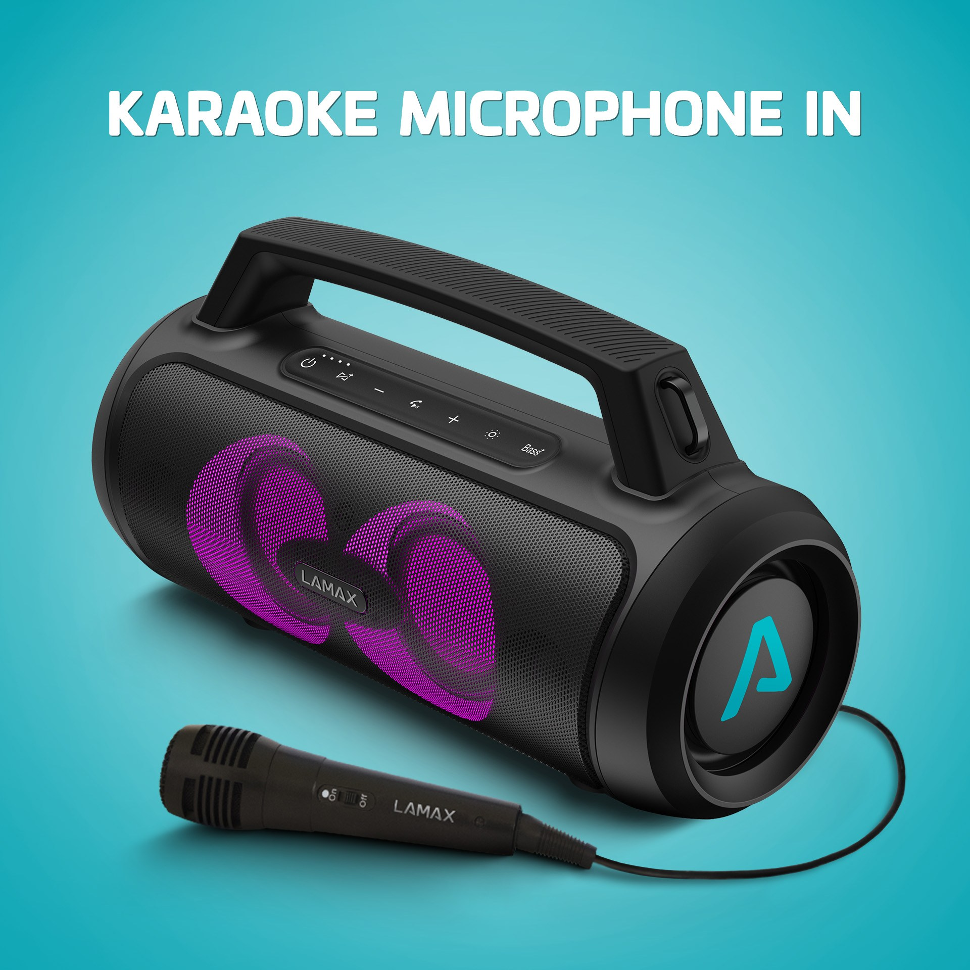 Schwarzer Karaoke-Mikrofonlautsprecher mit Mikrofon. Es hat lila Lichter und einen Griff. Der Hintergrund ist blau.