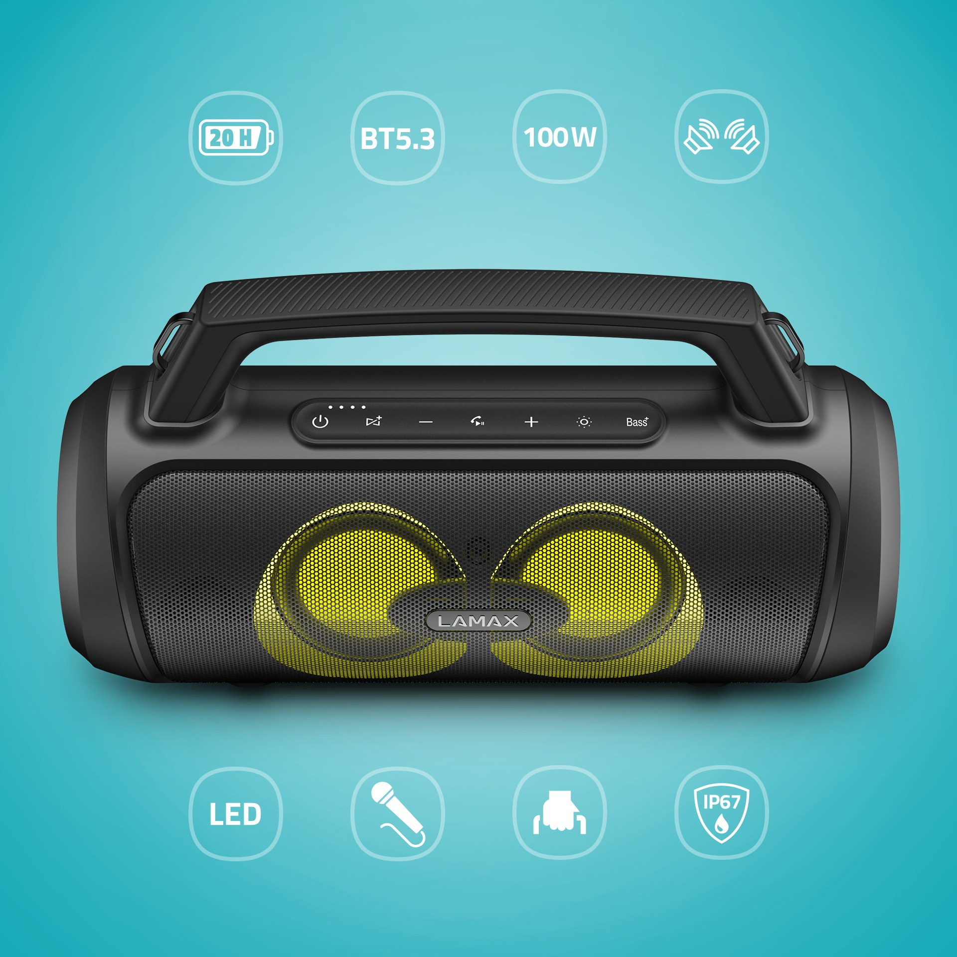 Schwarzer und gelber Lautsprecher mit Griff, mit Symbolen für Strom, Bluetooth und mehr.