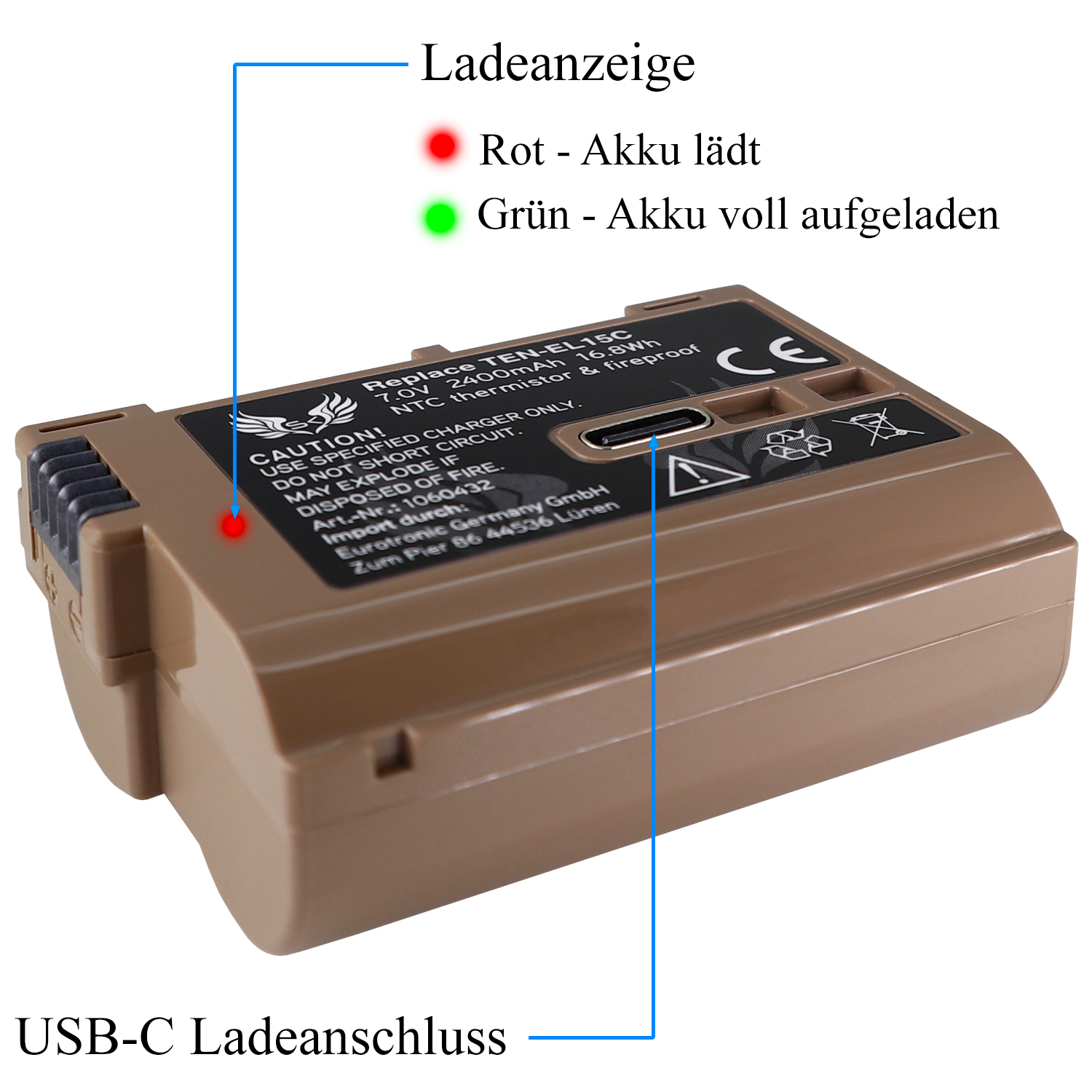 Braunes Akkupack mit Etiketten, USB-C-Ladeanschluss und Kontrollleuchten.