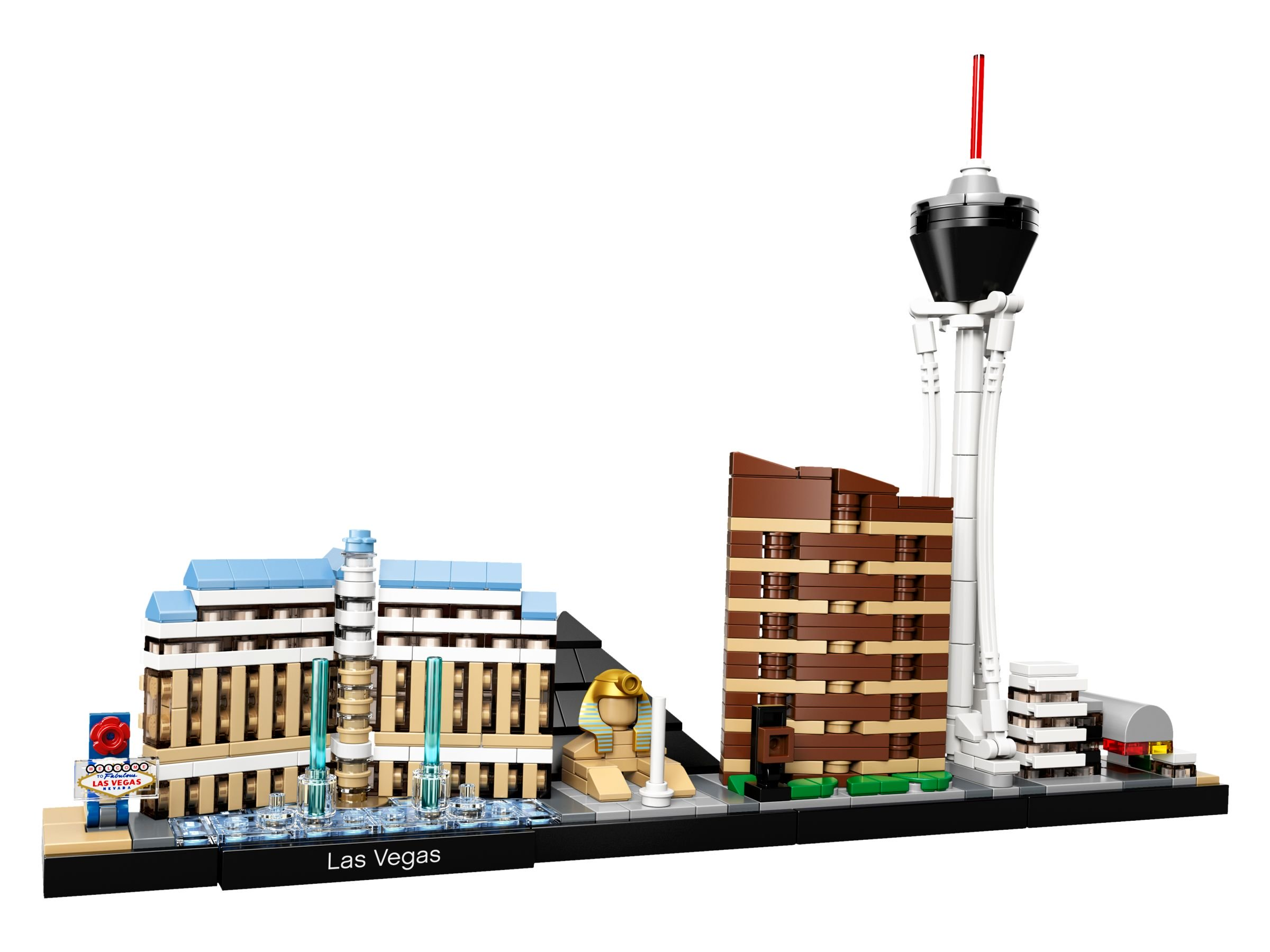 Lego-Modell der Skyline von Las Vegas mit Gebäuden und einem Turm auf weißem Hintergrund.