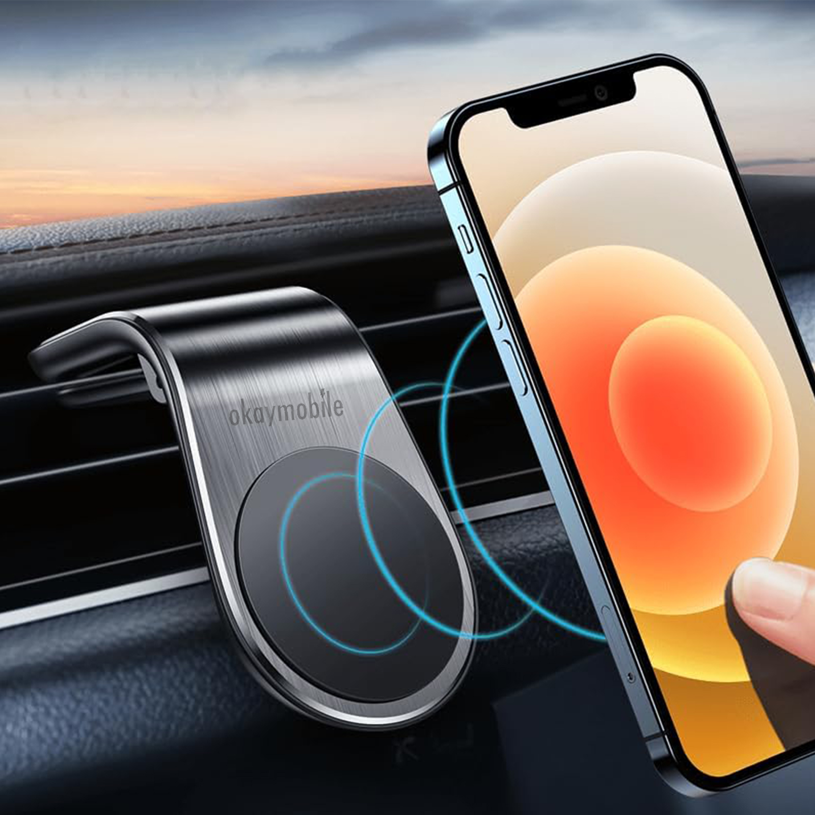 Ein Autotelefonhalter und ein Telefon sind nebeneinander. Das Telefon ist am Halter befestigt.