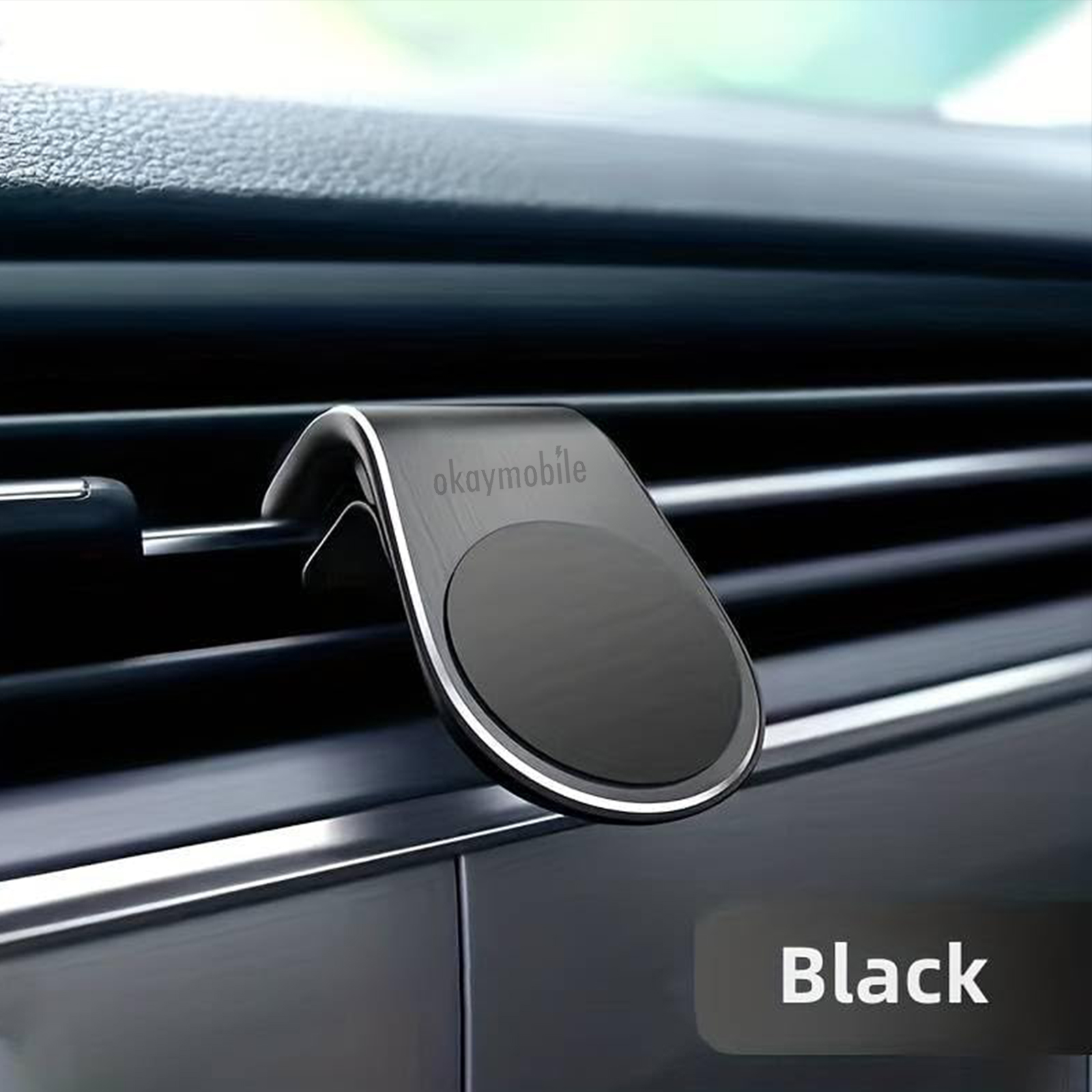 Schwarzer Handyhalter für die Lüftung im Auto mit 'okaymobile'-Logo und Wort 'Black'.