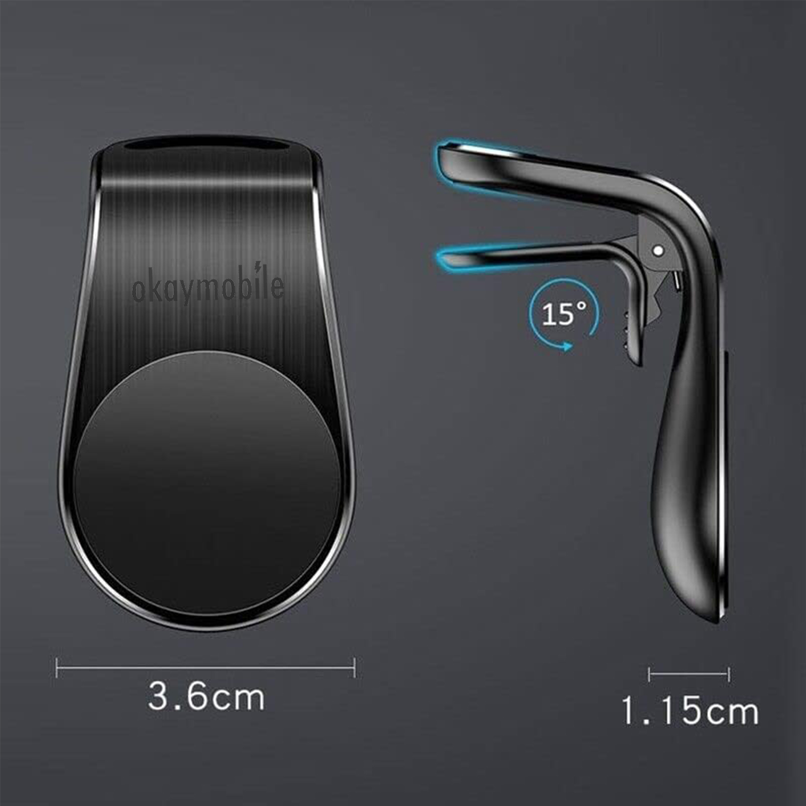 Ein schwarzer Telefonhalter mit Magnetfuß und Schwenkarm, mit Maßangaben. Schwarzer Hintergrund.