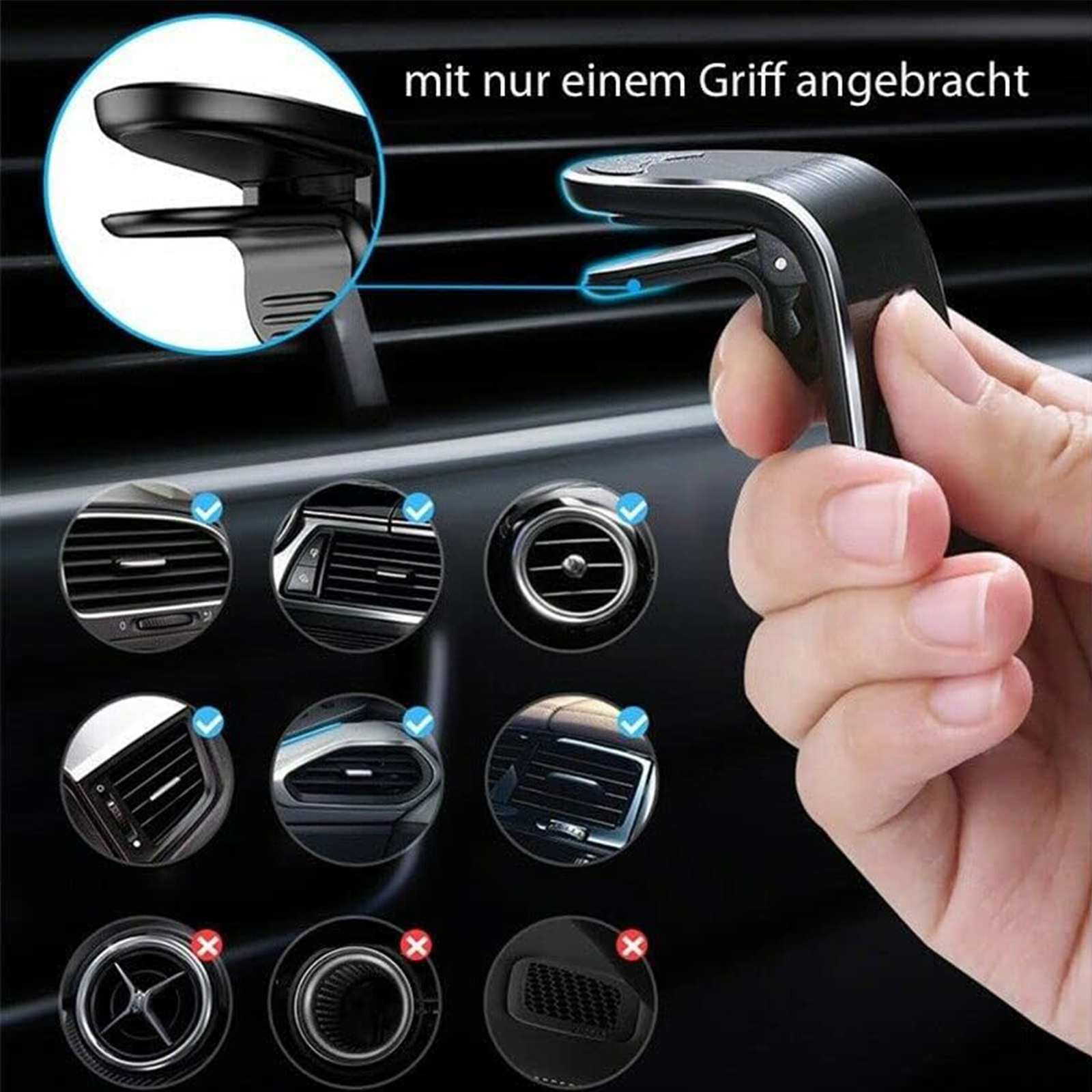 Autolüfterhalterung in einem Auto. Die Halterung ist schwarz und wird von einer Hand gehalten. Zeigt verschiedene Lüftertypen.