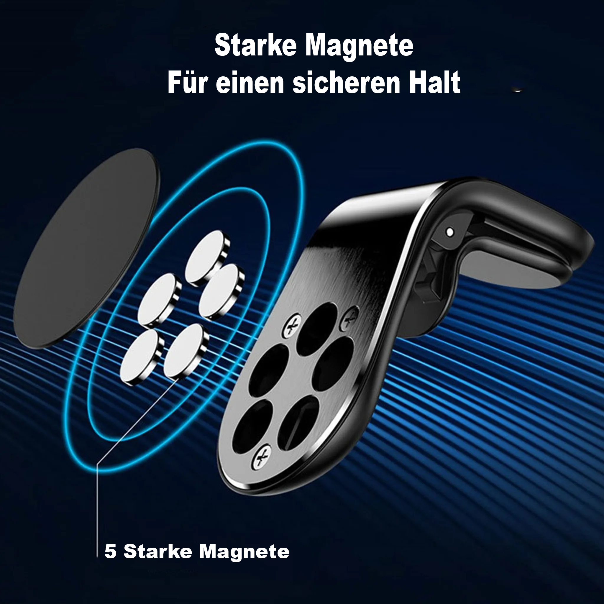 Magnetischer Autotelefonhalter mit 5 Magneten. Der Text: 5 Stark Magnete.