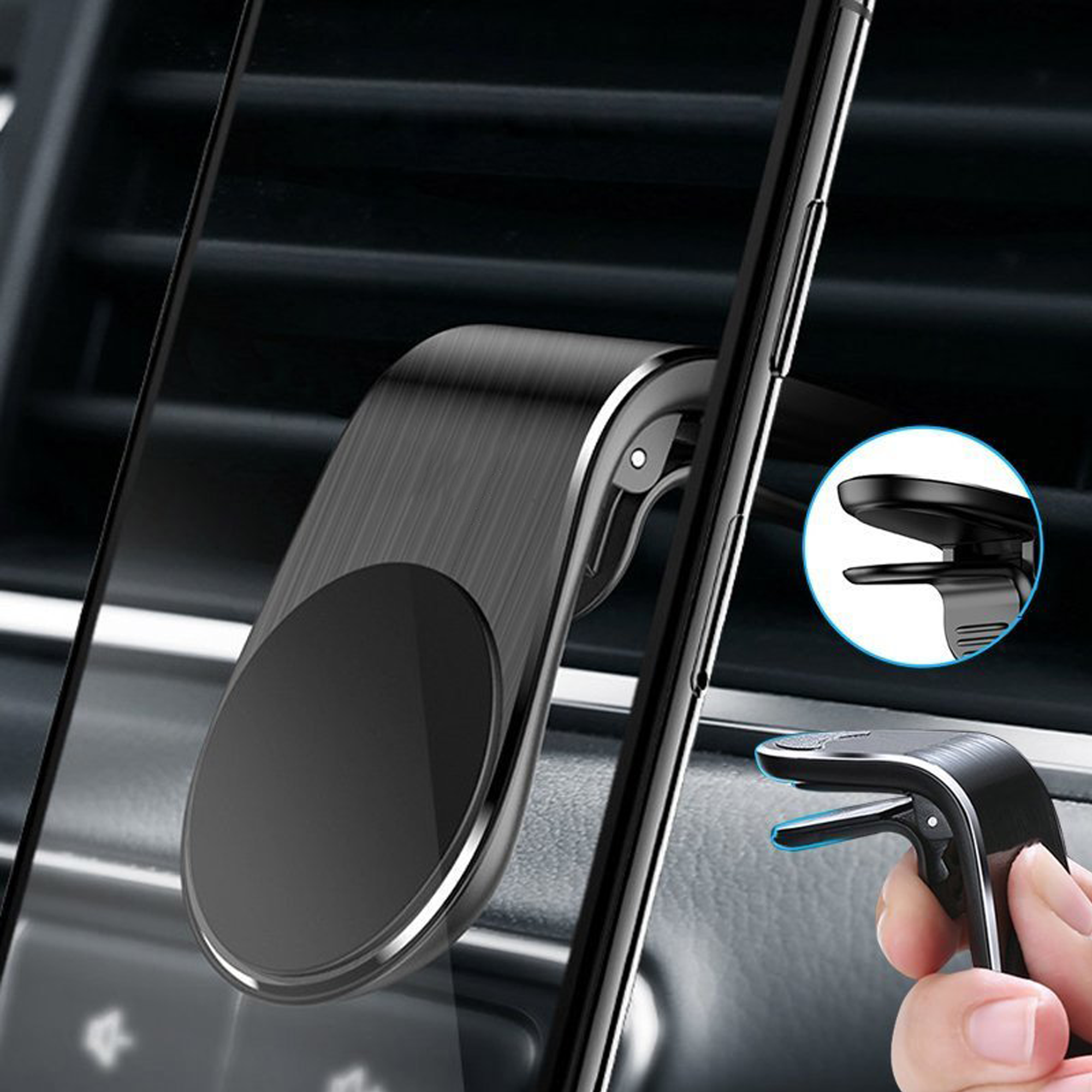 Magnetische Autotelefonhalterung an einer Lüftung. Telefon ist befestigt. Schwarz und Silber.