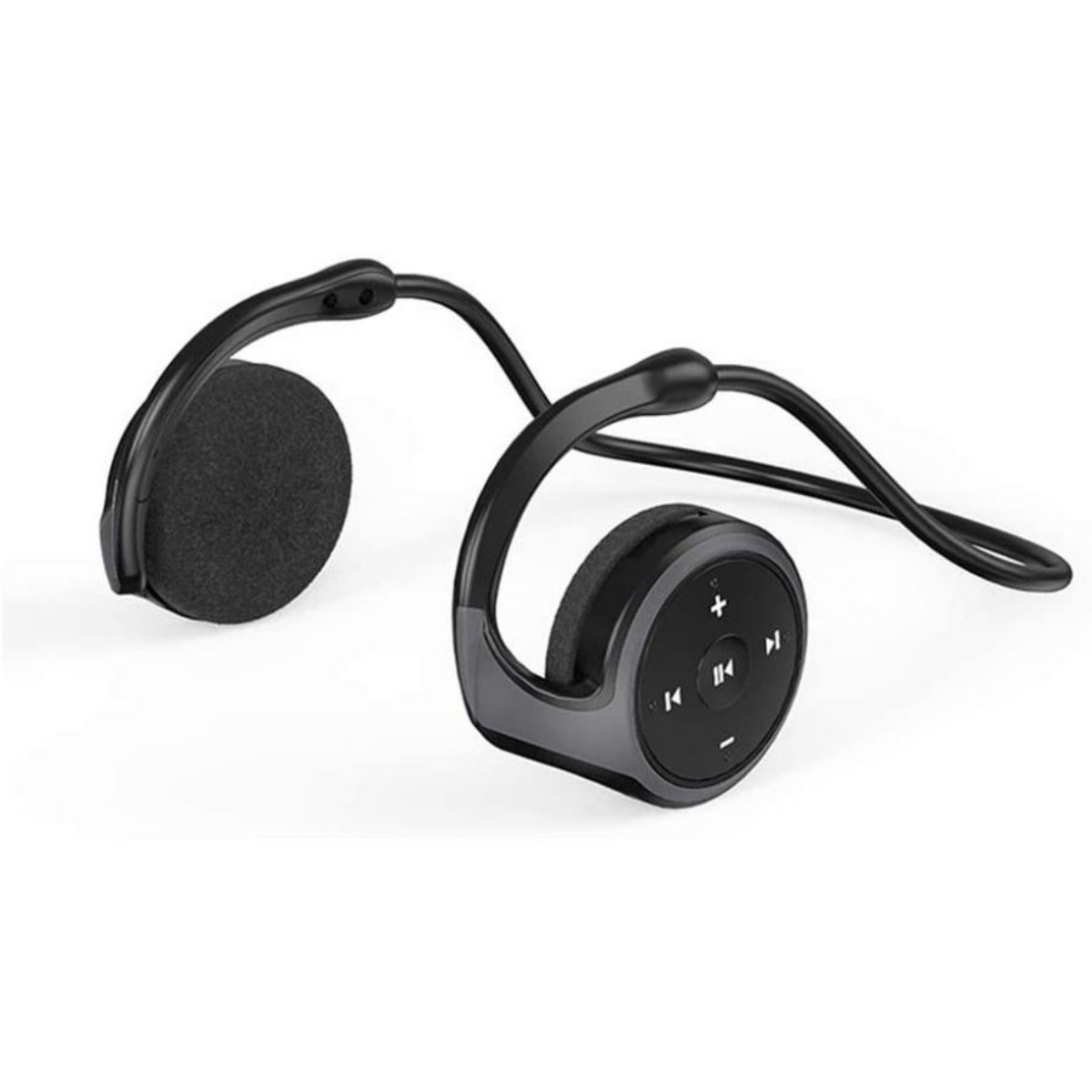 Schwarze Over-Ear-Kopfhörer mit Nackenband. Der Hintergrund ist weiß.