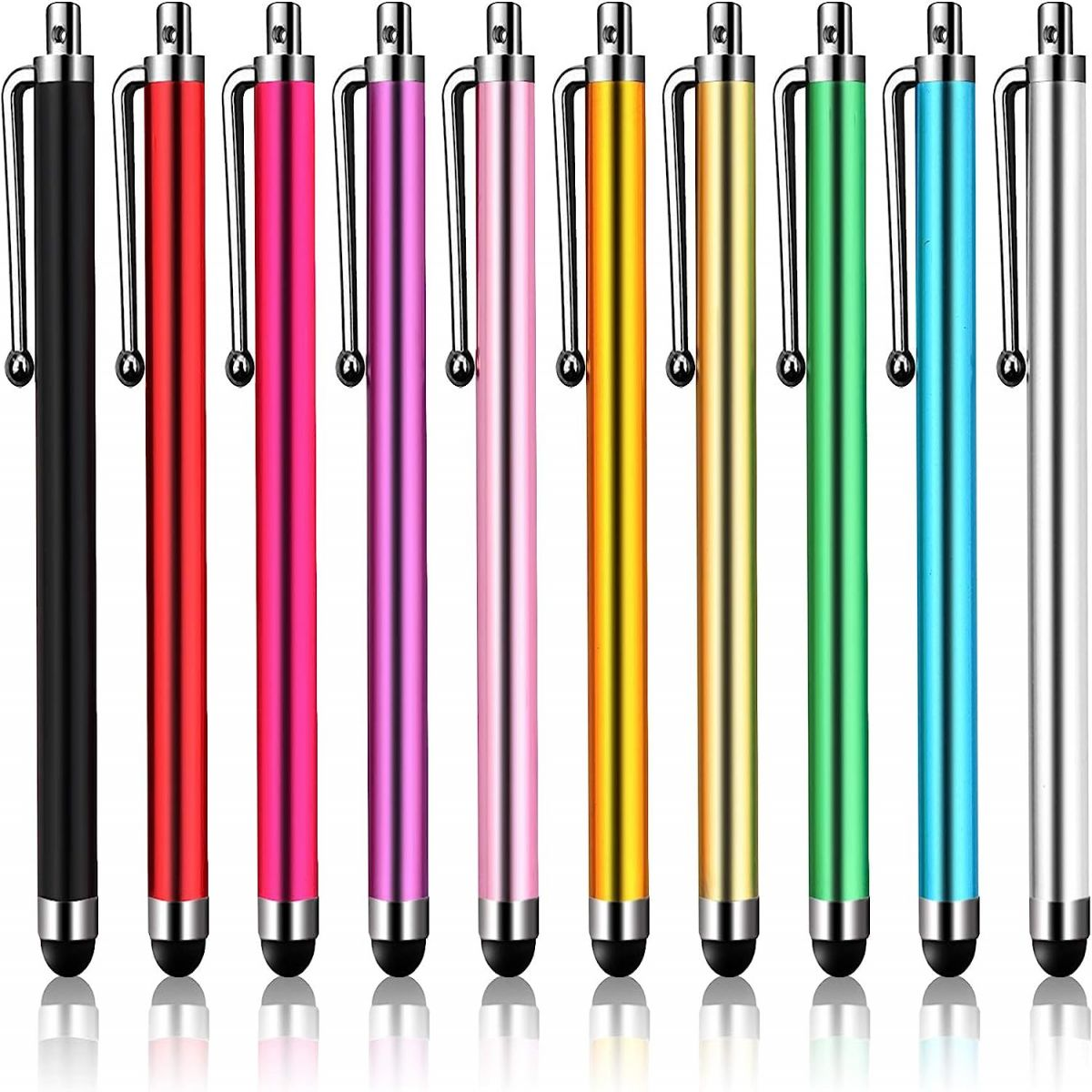 Verschiedene bunte Touchscreen-Stifte. Schwarz, rot, rosa, lila, gold, grün, blau, silber.