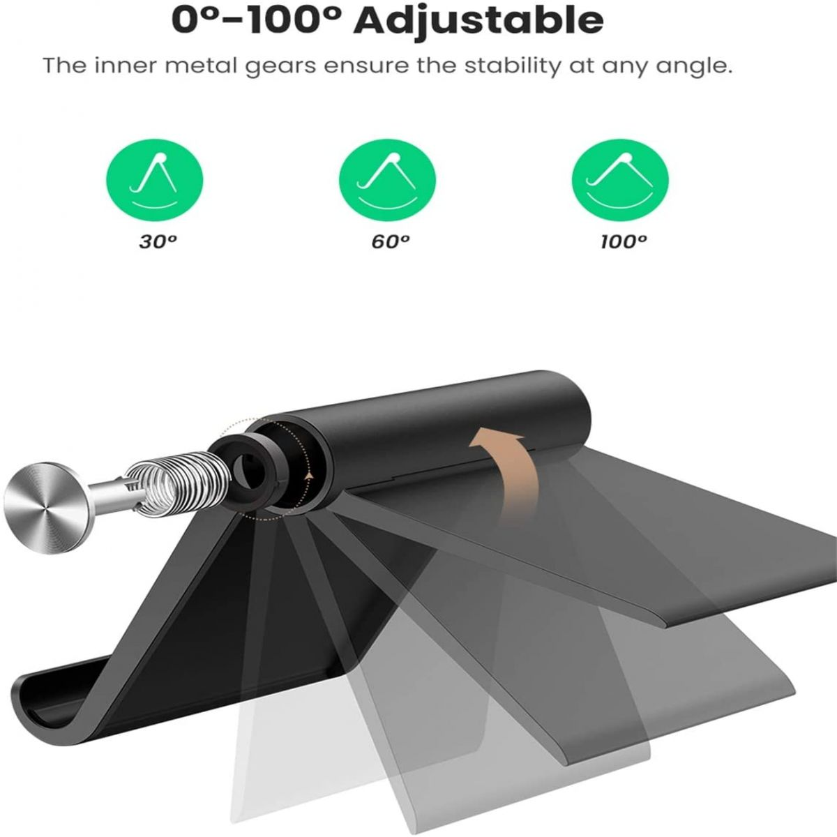 Schwarzer Telefonständer mit drehbarem Teil. Der Ständer ist schwarz und hat drei Positionen, die mit 30, 60 und 100 Grad markiert sind.