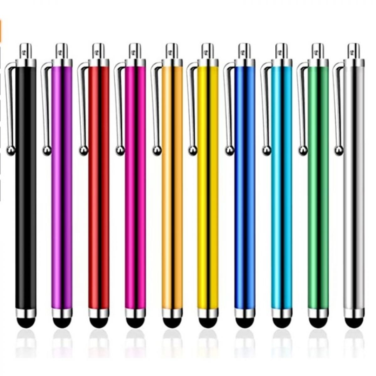 Neun bunte Stifte in einer Reihe, verschiedene Farben, silberne Spitzen und Clips, schwarz, lila, rot, rosa usw.