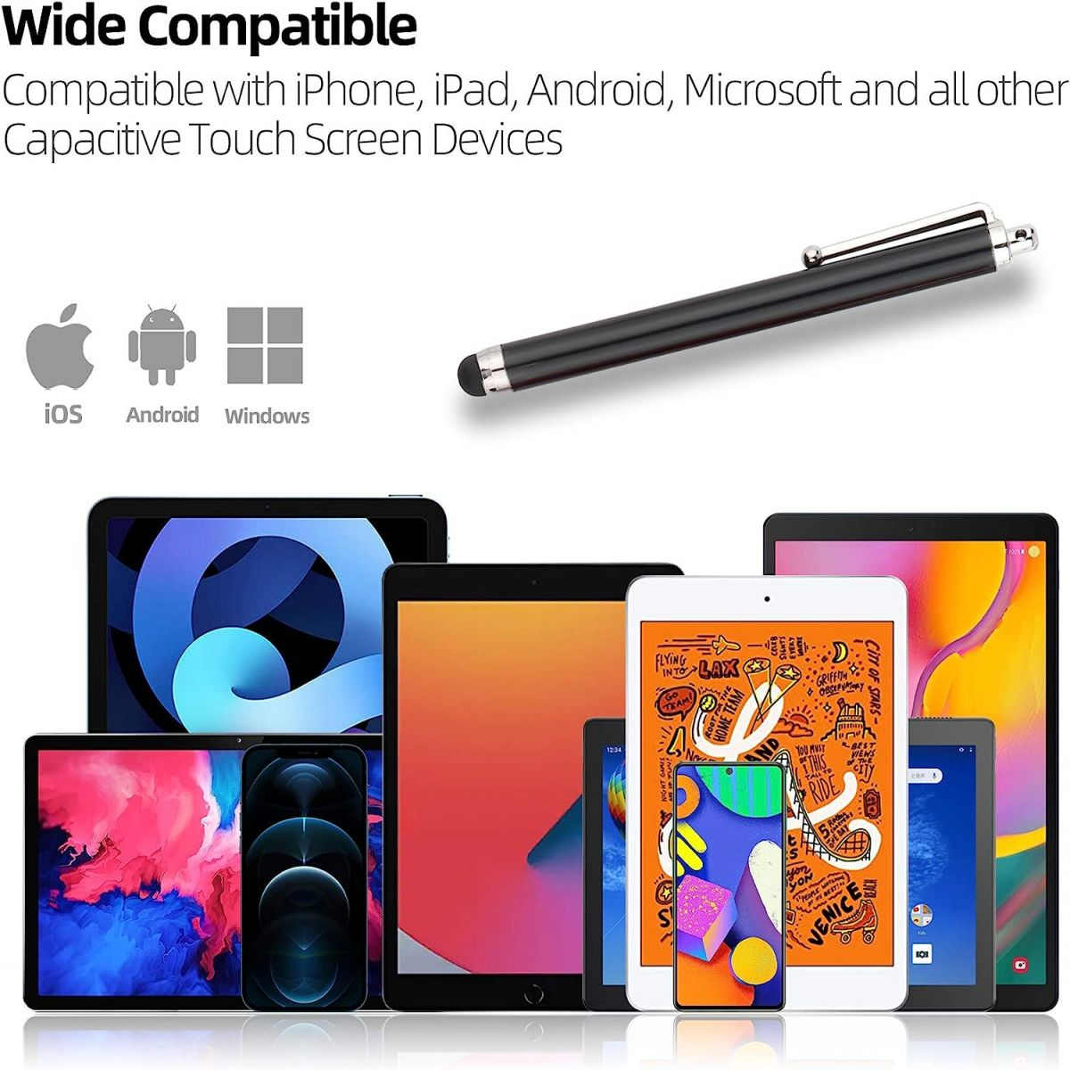 Schwarzer Stift neben verschiedenen Tablets und Telefonen. Tablets haben unterschiedliche Bildschirmfarben.