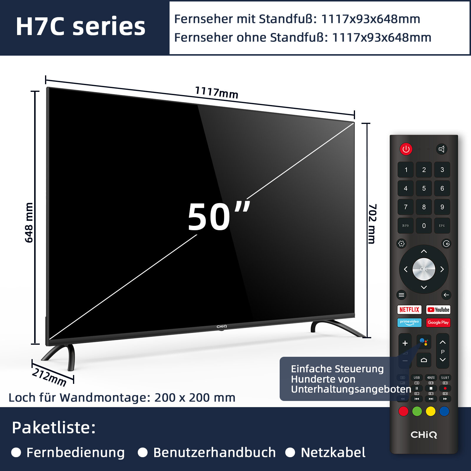 4K, / TV, 127 CHIQ QLED 50 cm, QLED Google TV) TV Zoll SMART U50QM8G (Flat,
