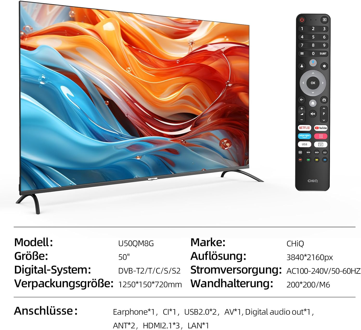 QLED 127 QLED 4K, SMART TV, (Flat, 50 cm, TV) Google U50QM8G TV / Zoll CHIQ