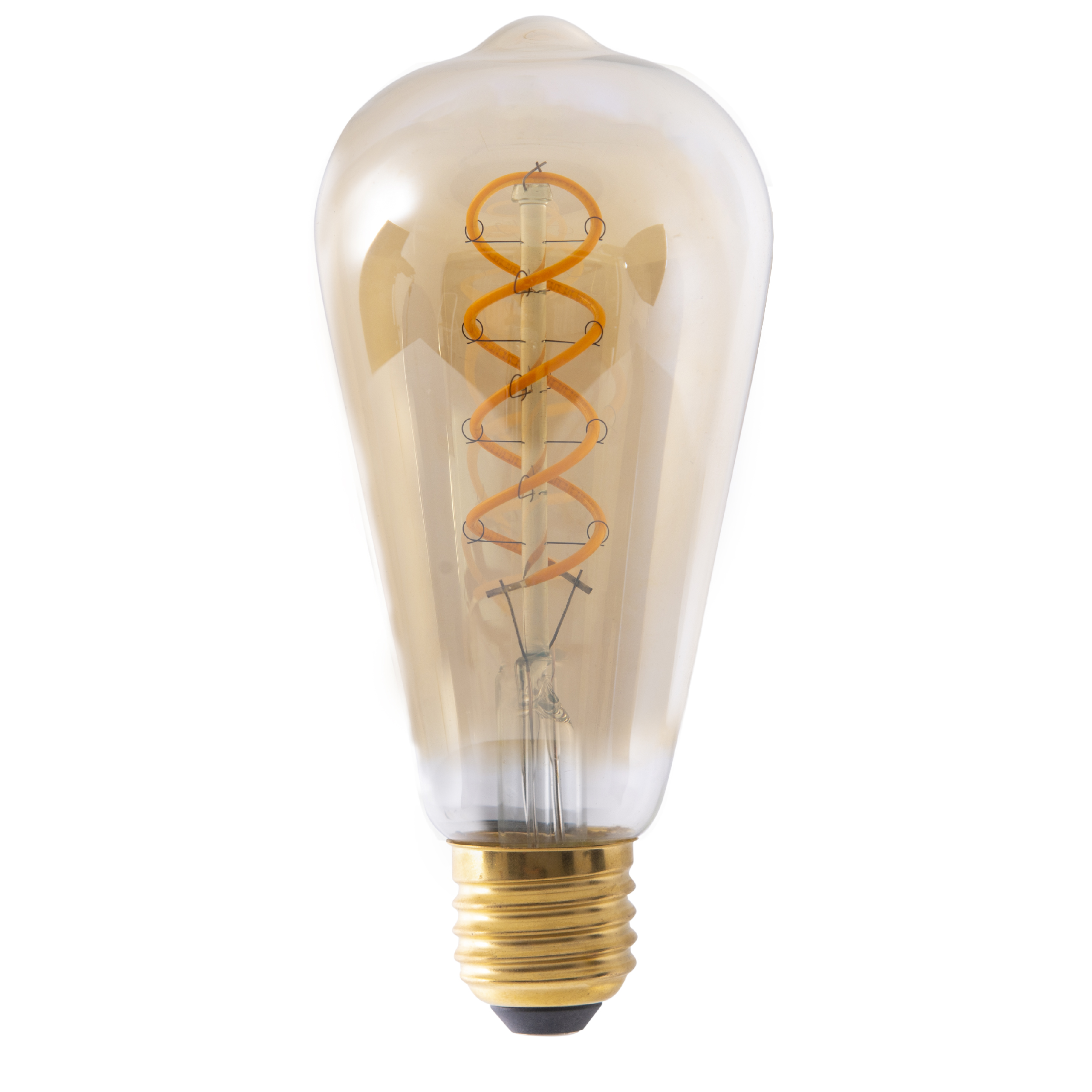 Klare Glasglühbirne. Sie hat einen goldenen Sockel und eine orangefarbene Spirale im Inneren. Weißer Hintergrund.
