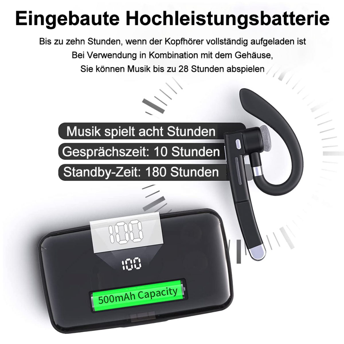 Ein schwarzes Bluetooth-Headset. Text auf dem Bild: Musik spielt acht Stunden, Gesprächszeit: 10 Stunden.