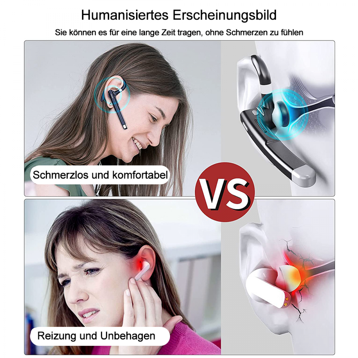 Vergleichsbild: eine lächelnde Frau mit Headset vs. eine Frau mit Ohrenschmerzen, die den Komfort des Headsets hervorhebt.