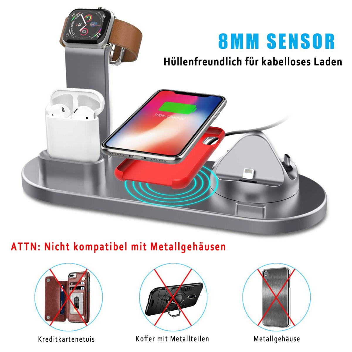 Kabelloses Ladegerät mit Telefon, Uhr und Ohrhörern. Rote Telefonhülle. Warnhinweise.