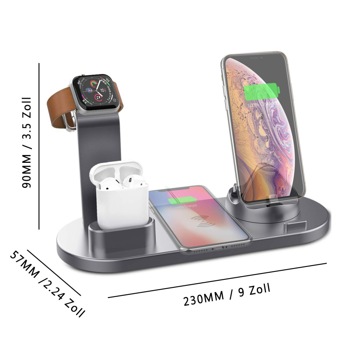 Silberne Ladestation. Hält eine Uhr, AirPods und zwei Telefone. Ein Telefon lädt.