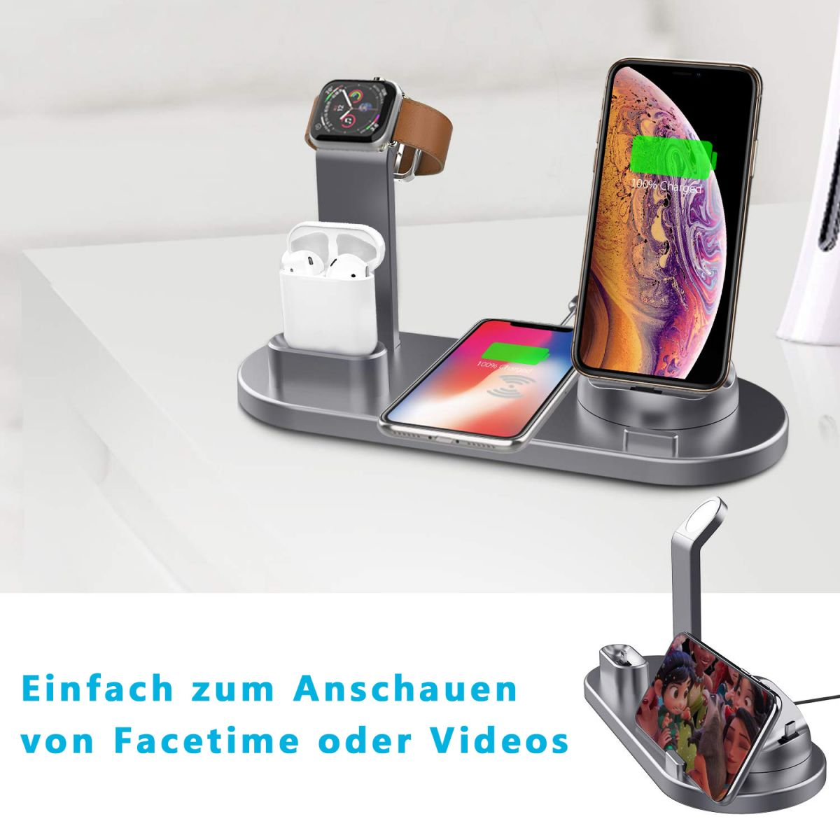 Ladestation mit Telefon, Uhr und Ohrhörern. Unten befindet sich eine zweite Station mit einem Telefon.