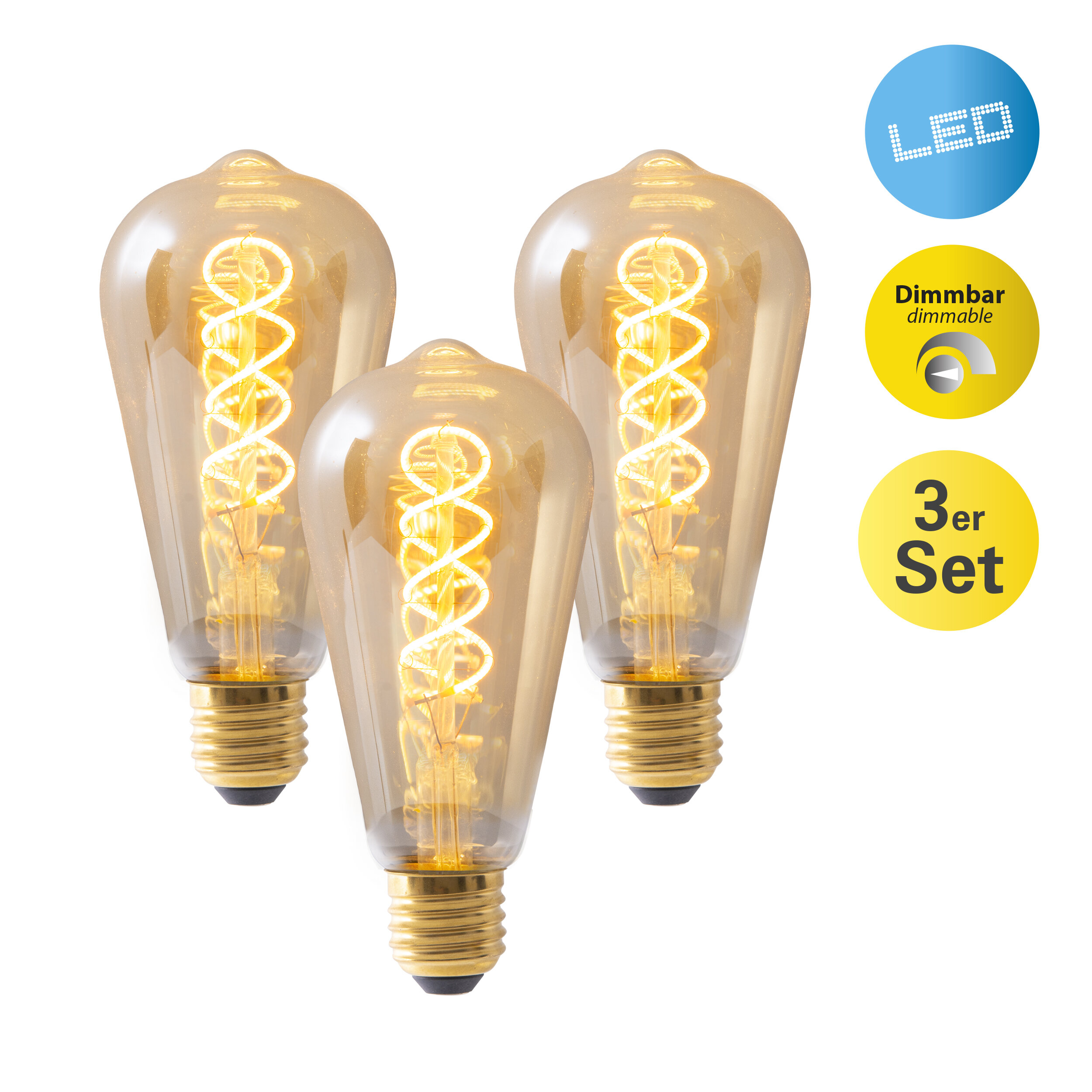 Drei dekorative LED-Glühbirnen, dimmbar, in einem Dreier-Set, isoliert auf Weiß.