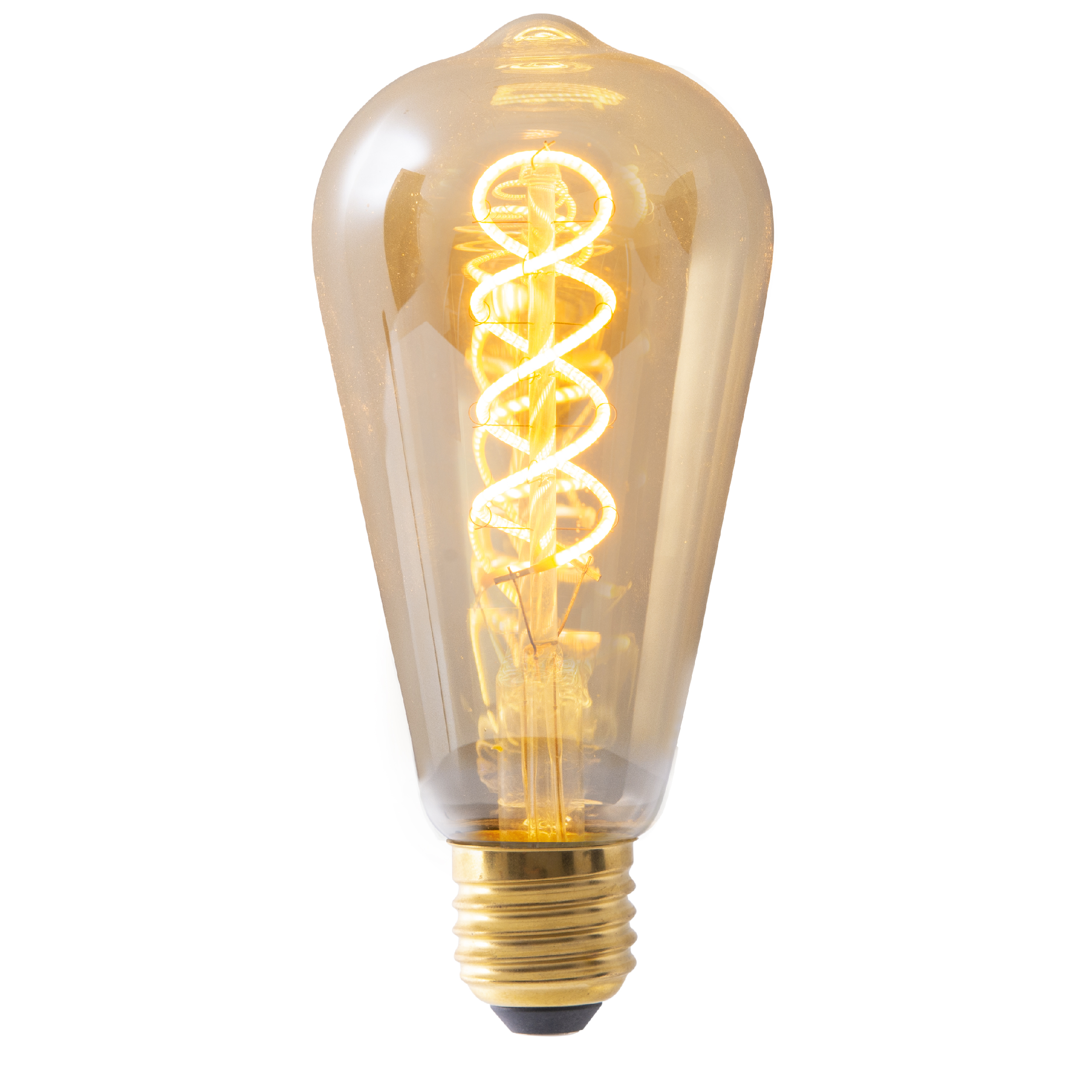 Eine Glühbirne im Vintage-Stil mit goldenem Farbton. Das Filament ist eine Spirale im klaren Glas.