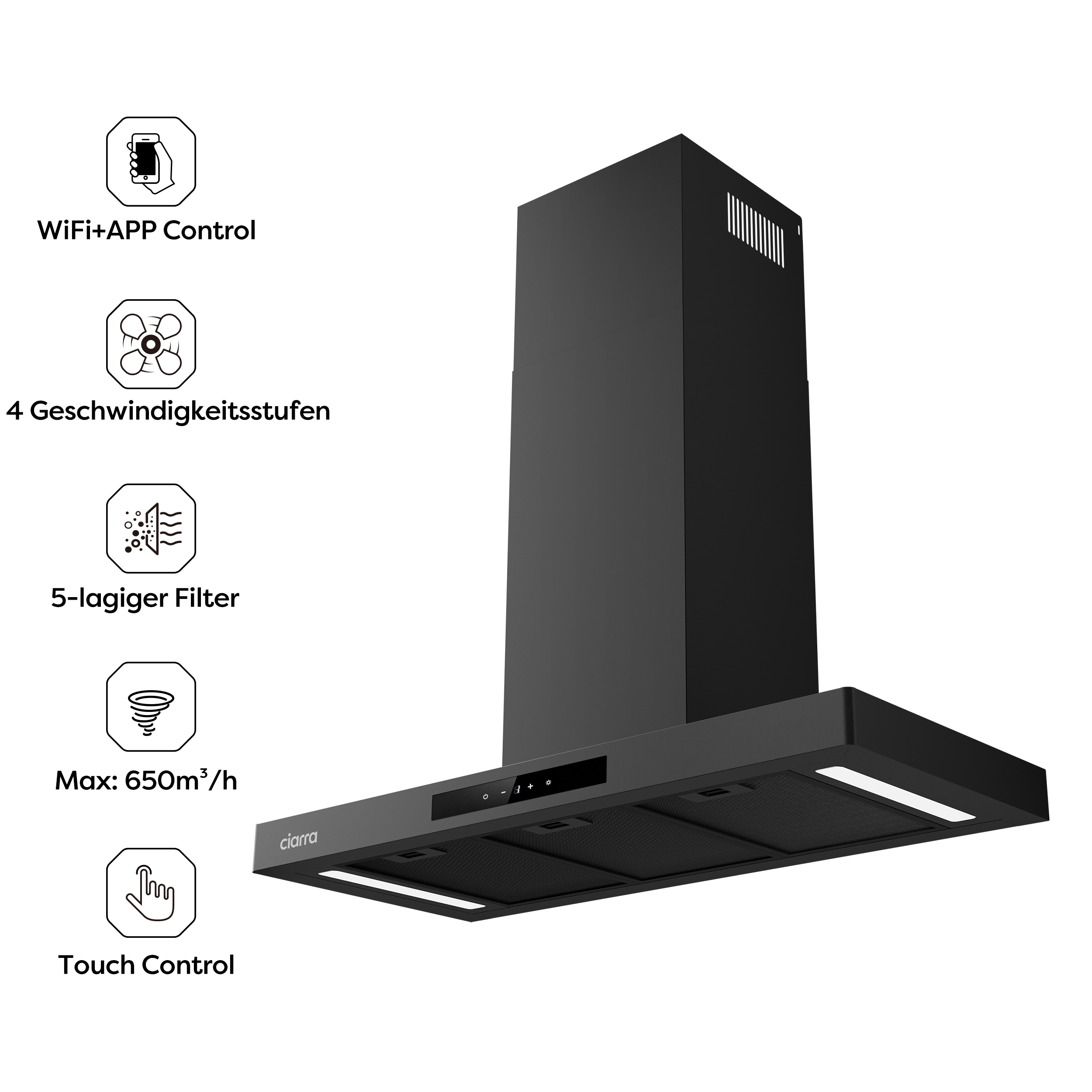 Cappa nera con comandi touch, filtro a 5 strati e luci a LED.
