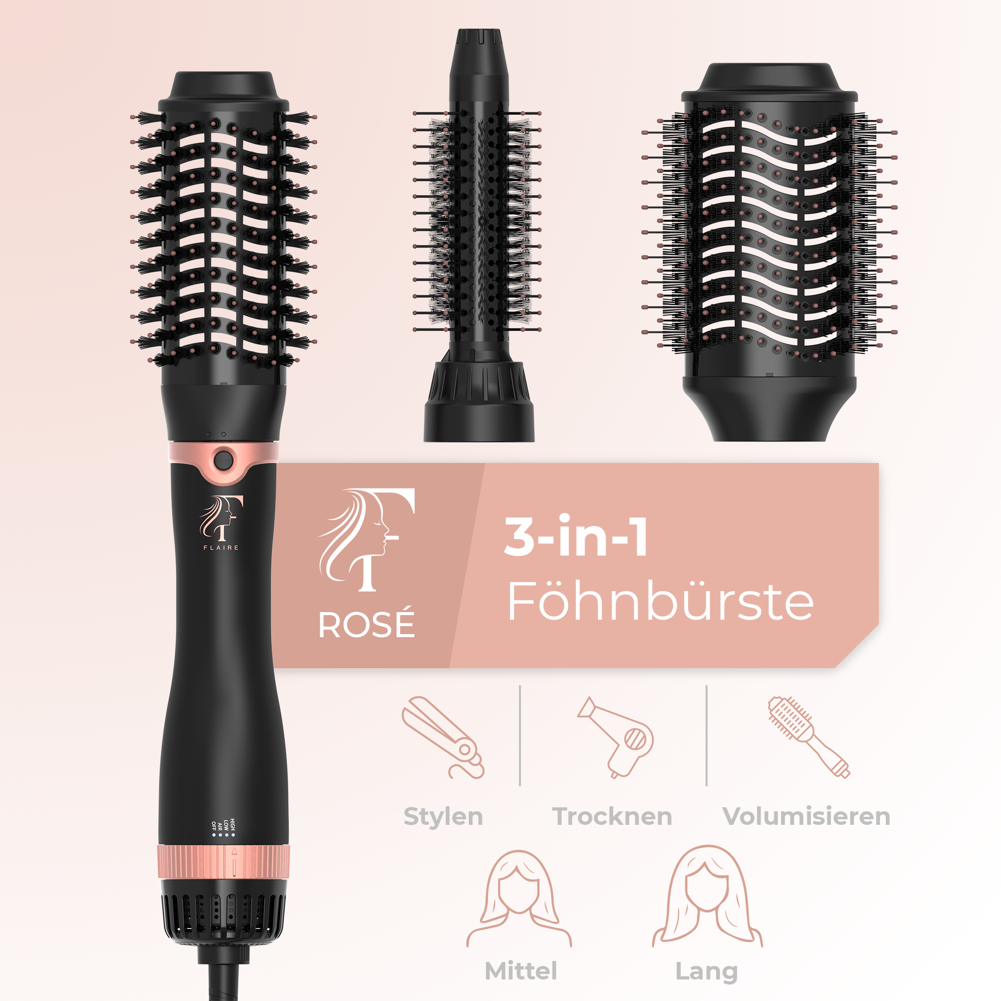 FLAIRE ROSÉ 3-in-1 Set Warmluftbürste Föhnbürste Haare für Volumen lange