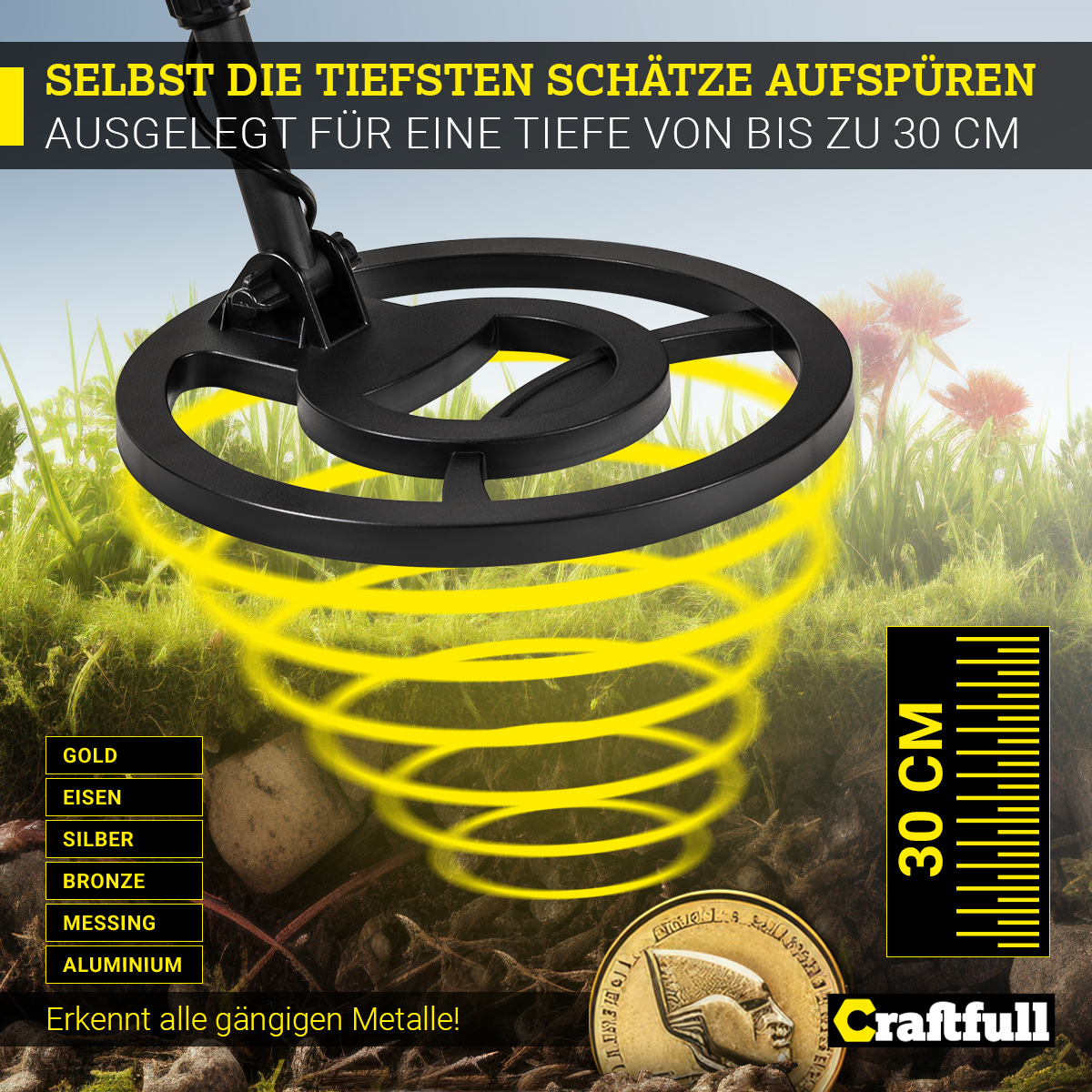 Metalldetektor im Gras, mit Text und Münzbild, und einem 30 cm Lineal.