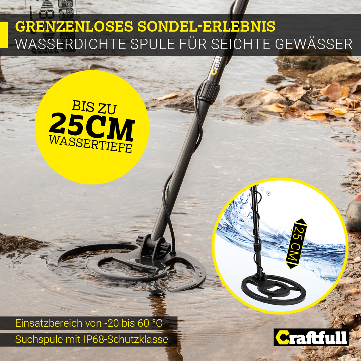 Metalldetektor im Wasser. Der Text auf dem Bild lautet: BIS ZU 25CM WASSERTIEFE.