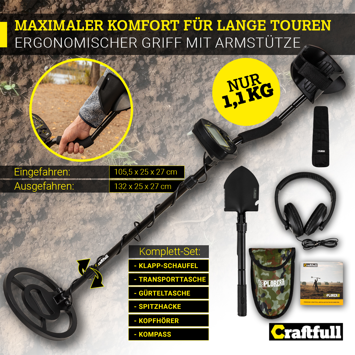 Ein Metalldetektor-Set mit Zubehör. Ein Mann hält den Detektor.