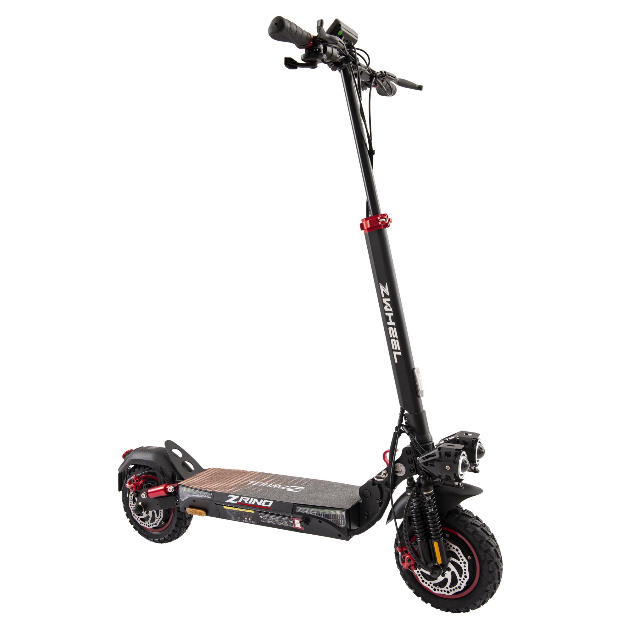 Patinete eléctrico negro y rojo sobre un fondo de estudio. Cuenta con un marco negro y detalles rojos.