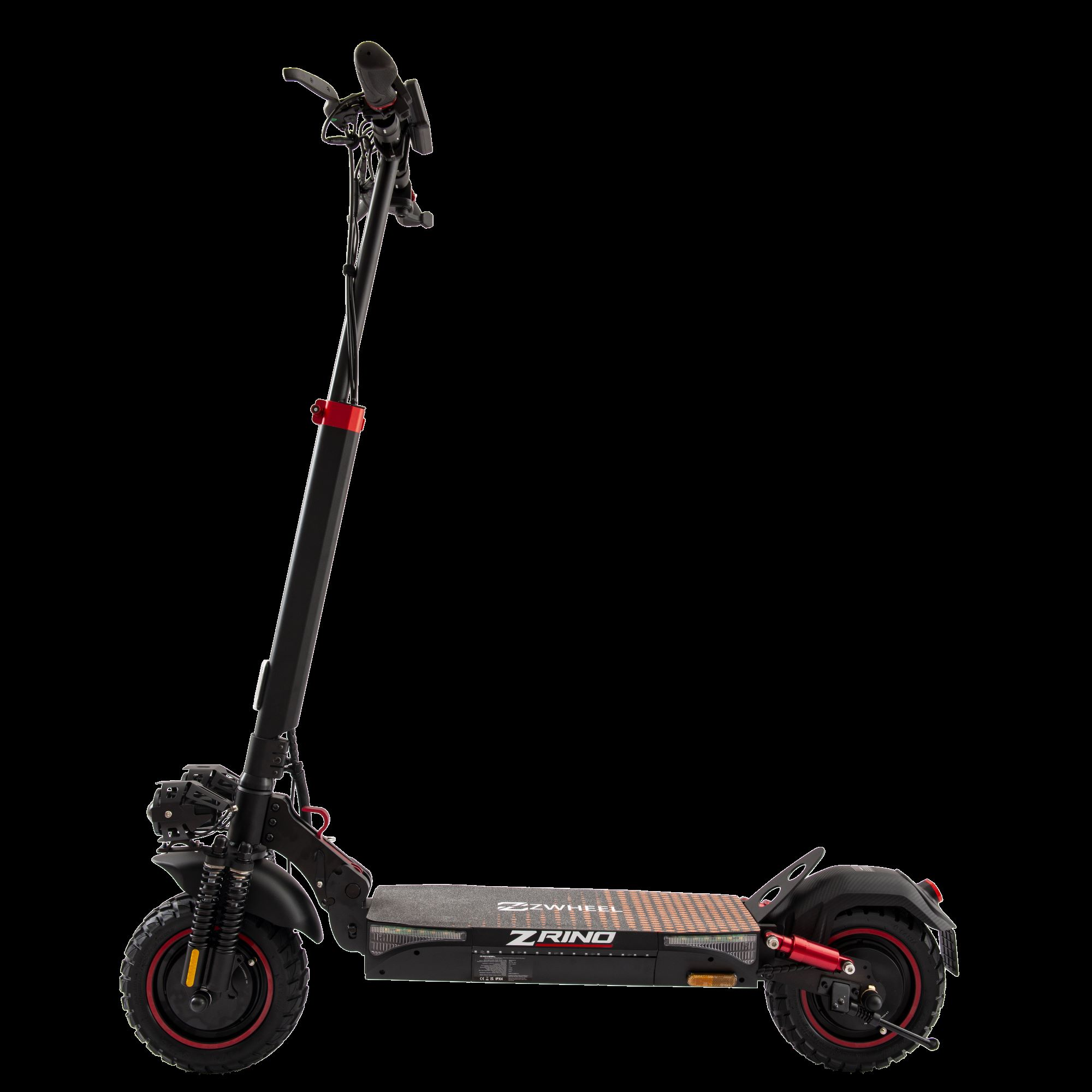 Scooter eléctrico negro con detalles en rojo. El scooter está sobre un fondo negro.