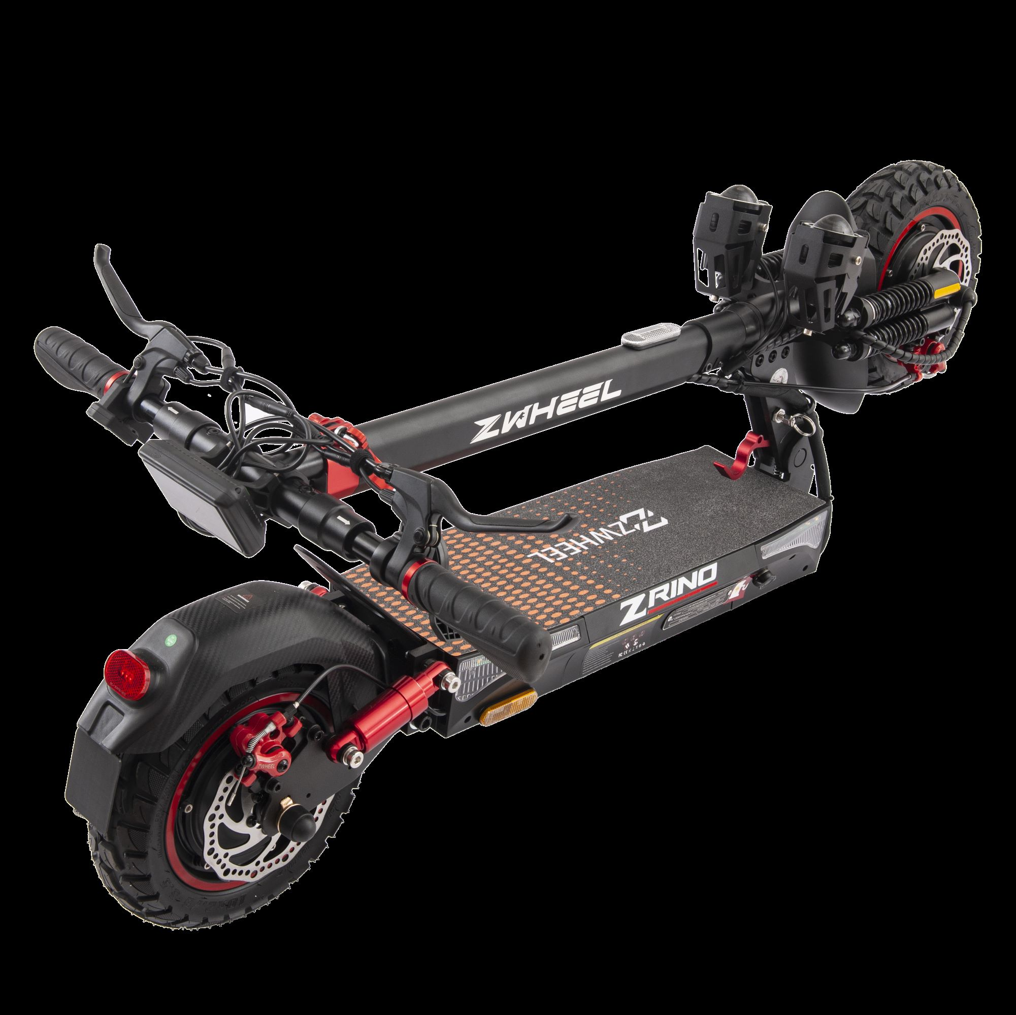 Patinete eléctrico ZWheel ZRINO negro y rojo sobre fondo negro.