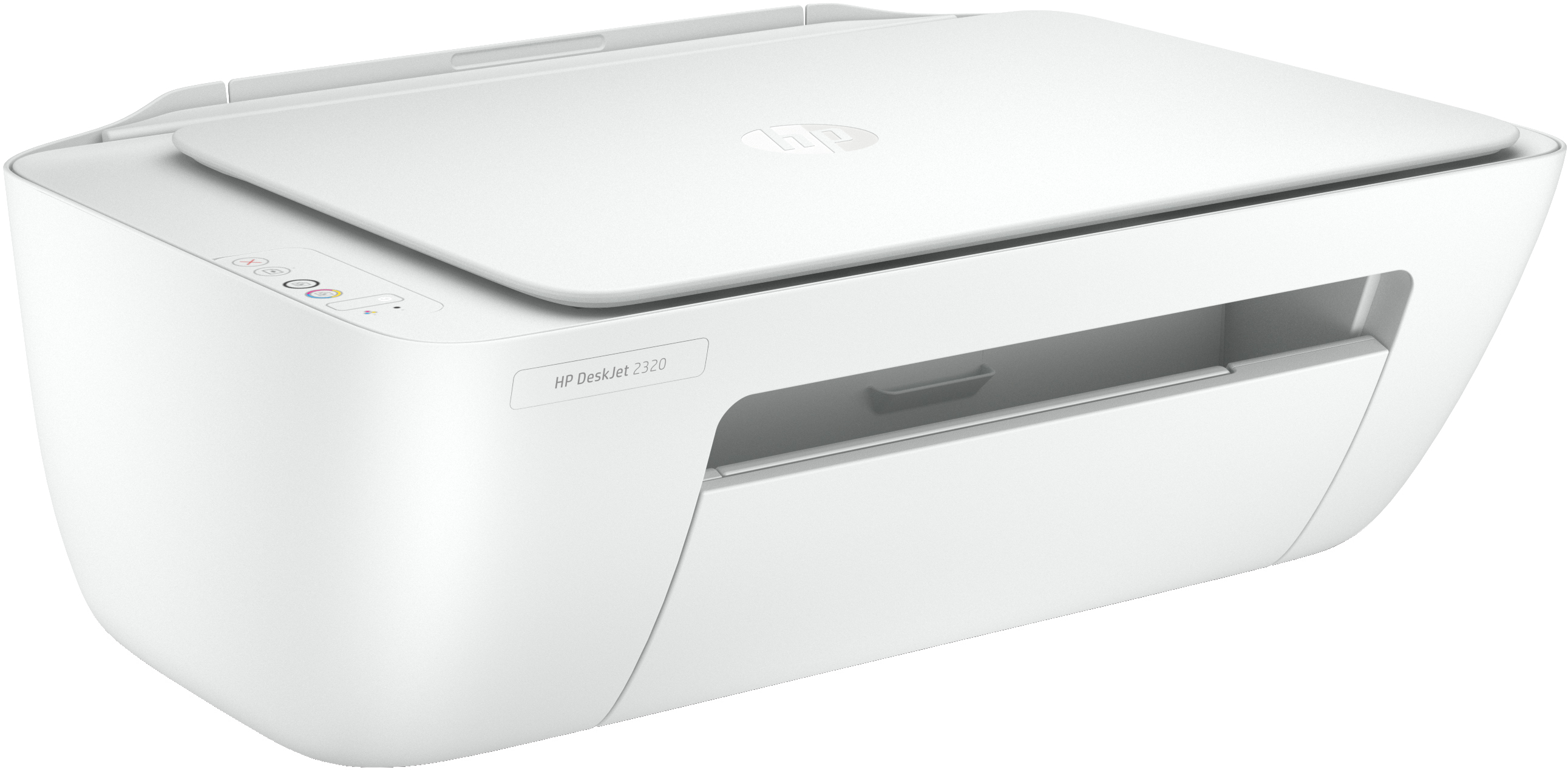 Weißer HP DeskJet 2320 Drucker mit leicht geöffnetem Scannerdeckel.
