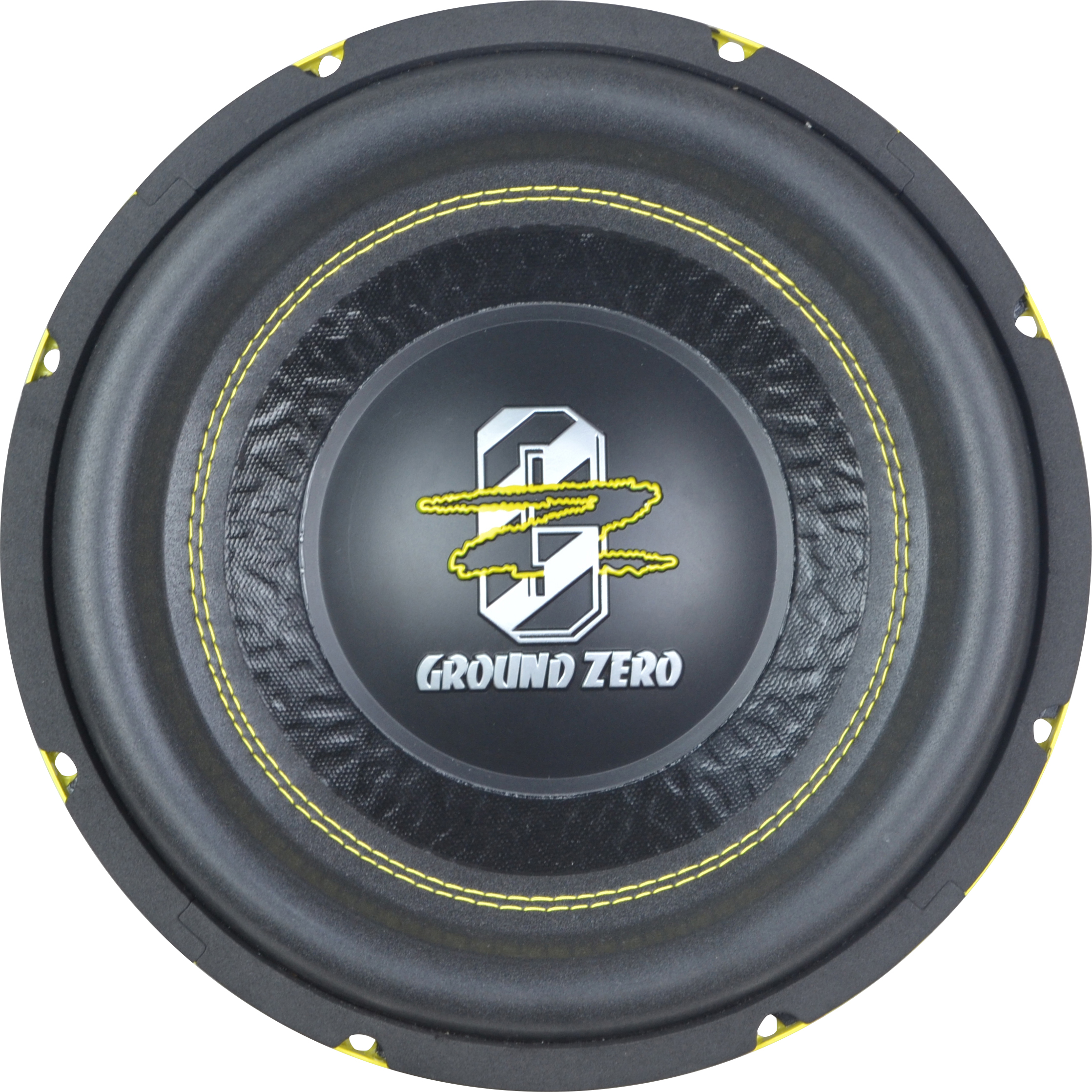 Ein Subwoofer mit schwarzem Konus, gelben Nähten, einem Logo und dem Text "GROUND ZERO".