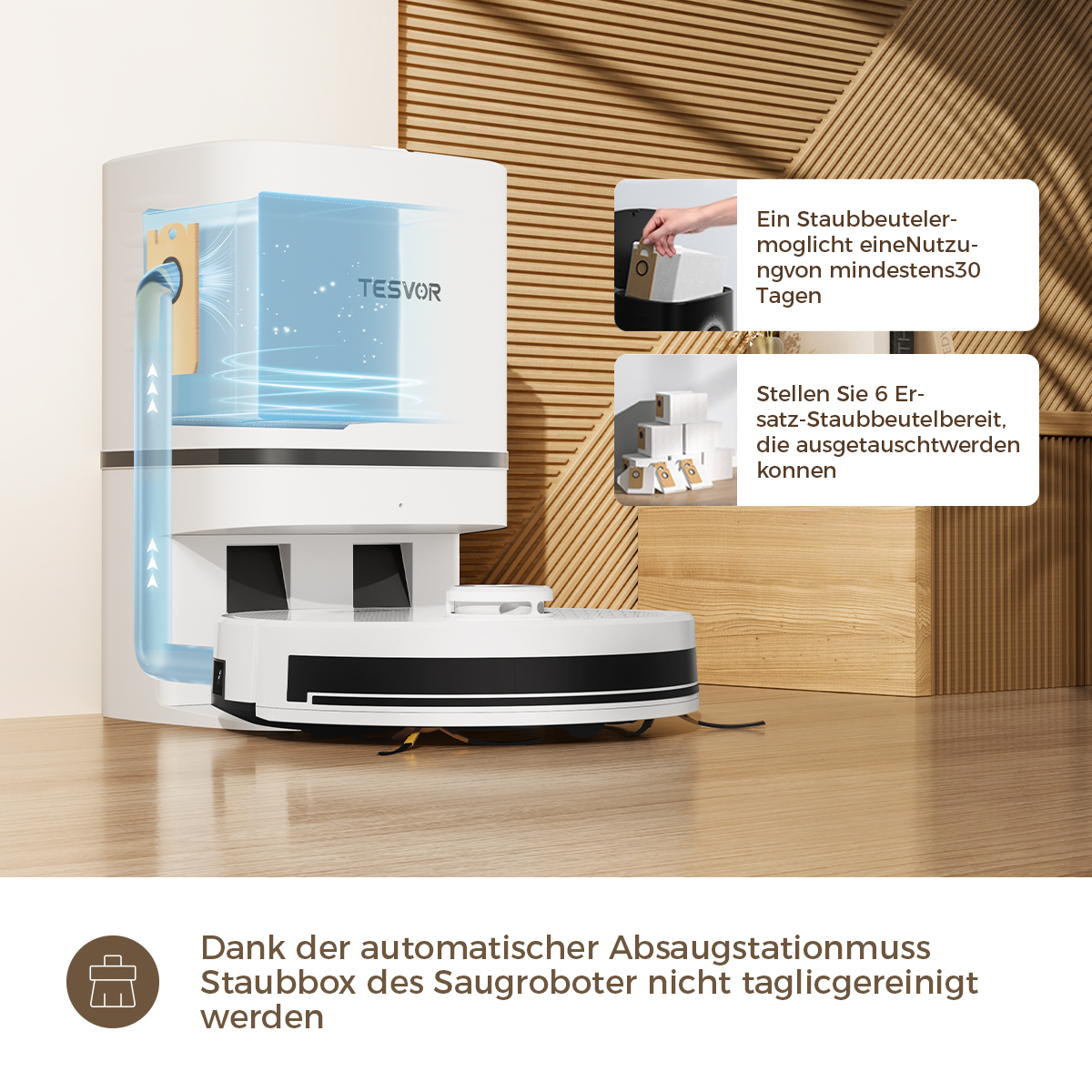 Ein weiß-schwarzer Roboter-Staubsauger mit dem Wort 'TESVOR' an der Seite.
