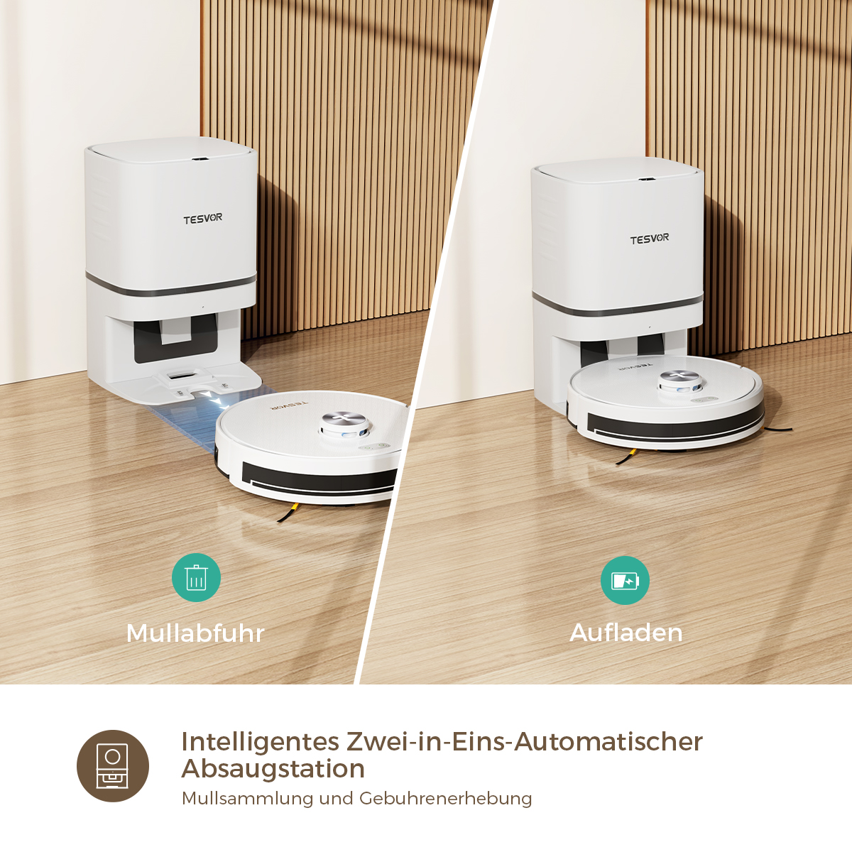 Ein Roboter-Staubsauger mit Ladestation. Der Staubsauger reinigt und lädt in zwei Szenen.