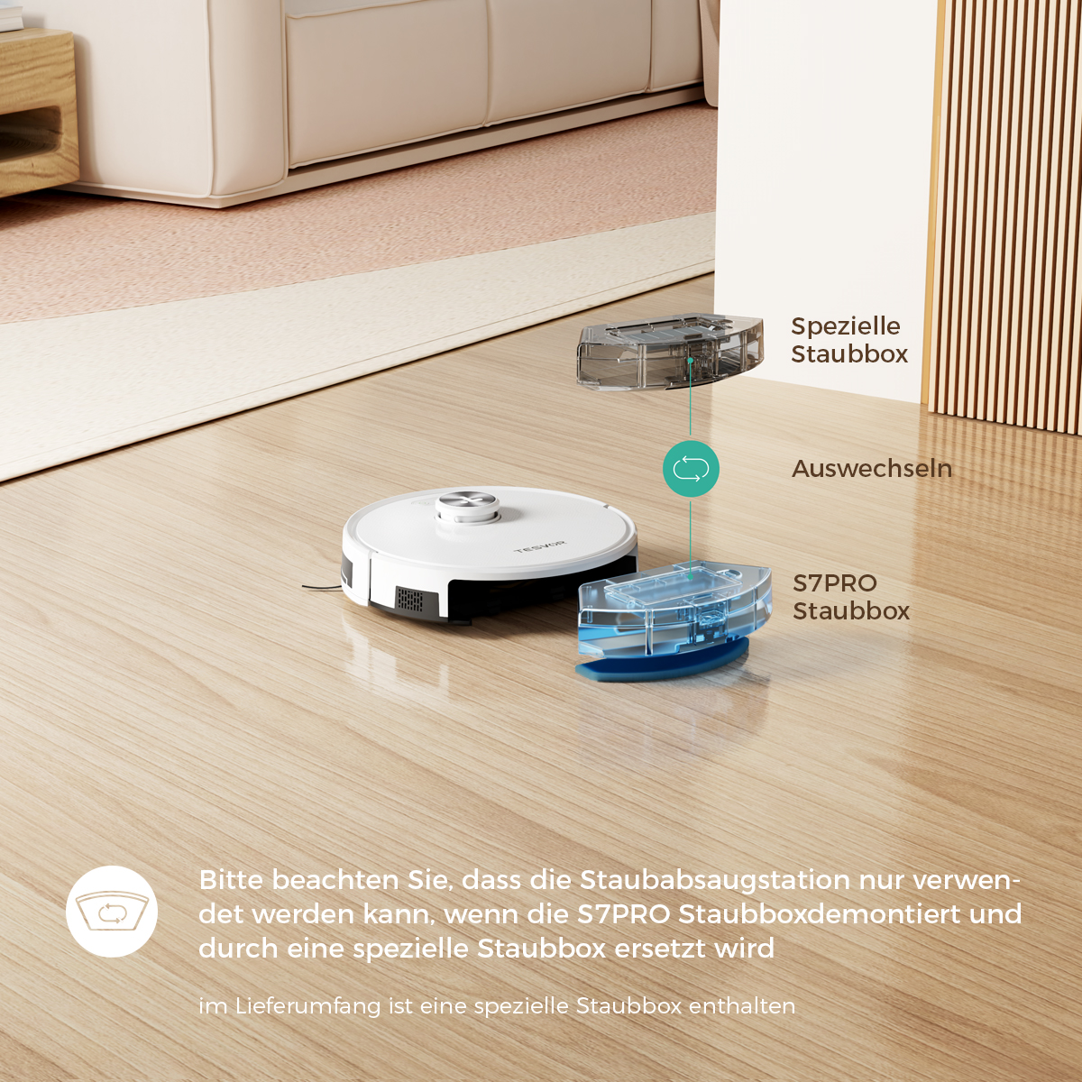 Ein weißer Roboter-Staubsauger und zwei Staubboxen. Text: Spezielle Staubbox, S7PRO Staubbox. Anleitung zur Verwendung der Staubbox.