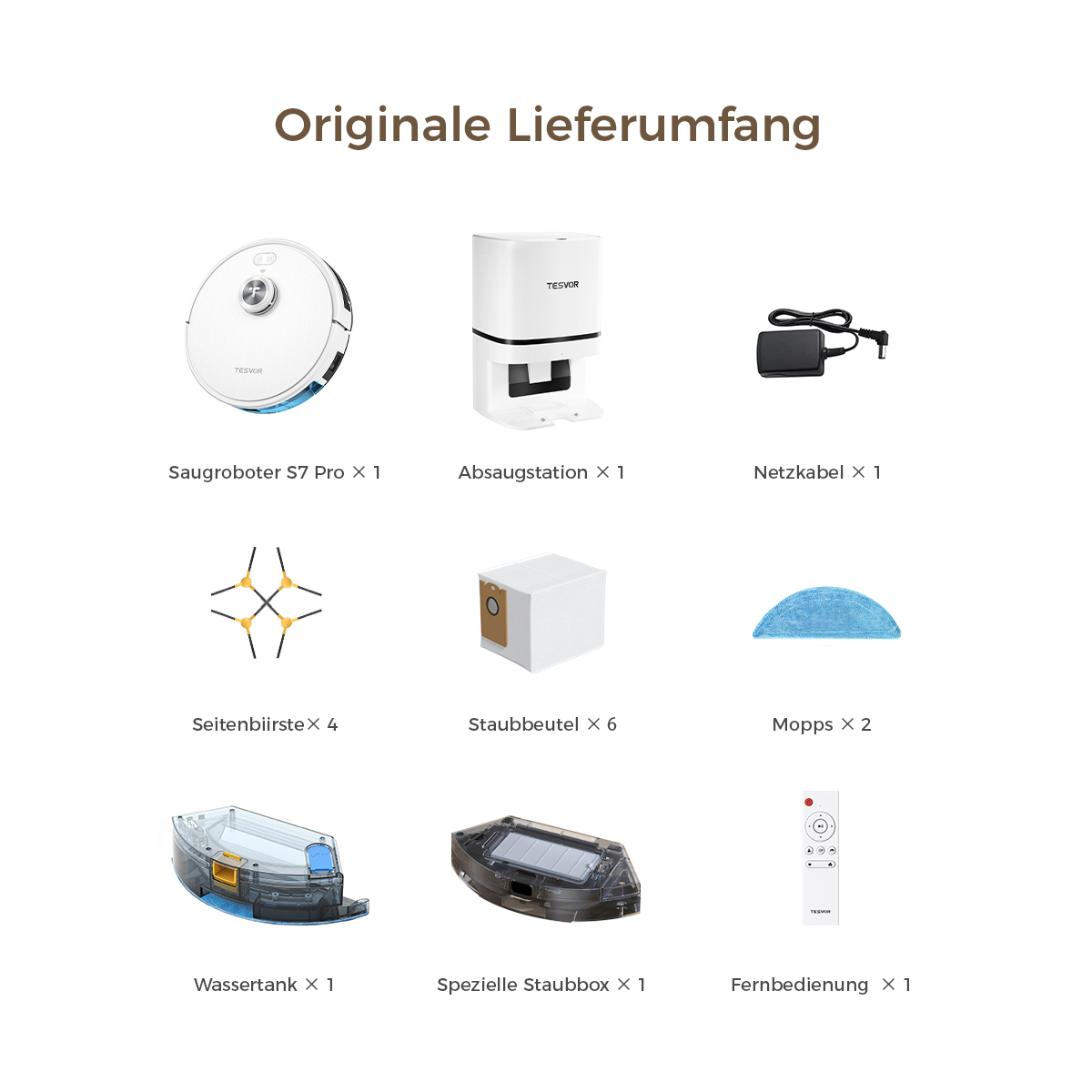 Eine Auswahl an Zubehör für Reinigungsroboter, darunter ein Roboter, eine Ladestation und eine Fernbedienung.