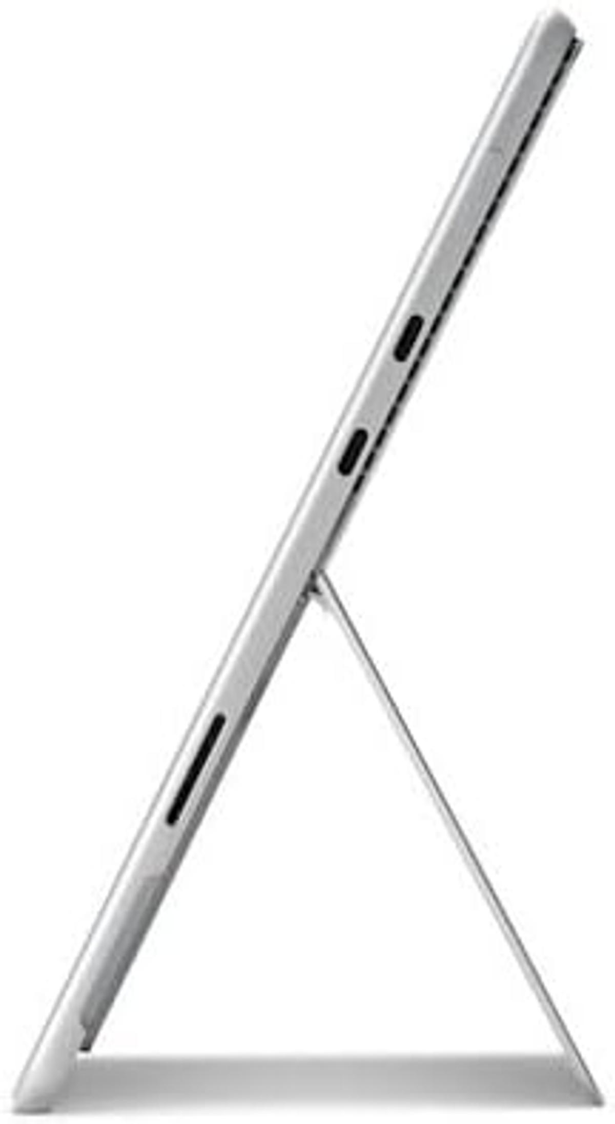Silbernes Tablet, Seitenansicht, mit einem Ständer aufgestellt. Es hat schwarze Lüftungsschlitze und Anschlüsse.