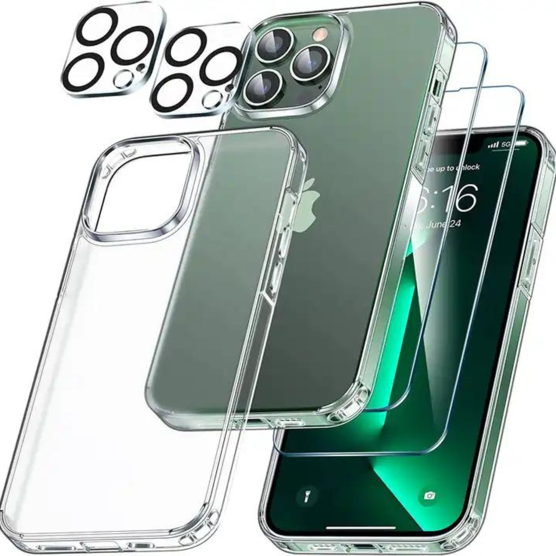 Eine transparente Handyhülle auf einem Telefon, mit zusätzlichen Kameralinsenschützern.