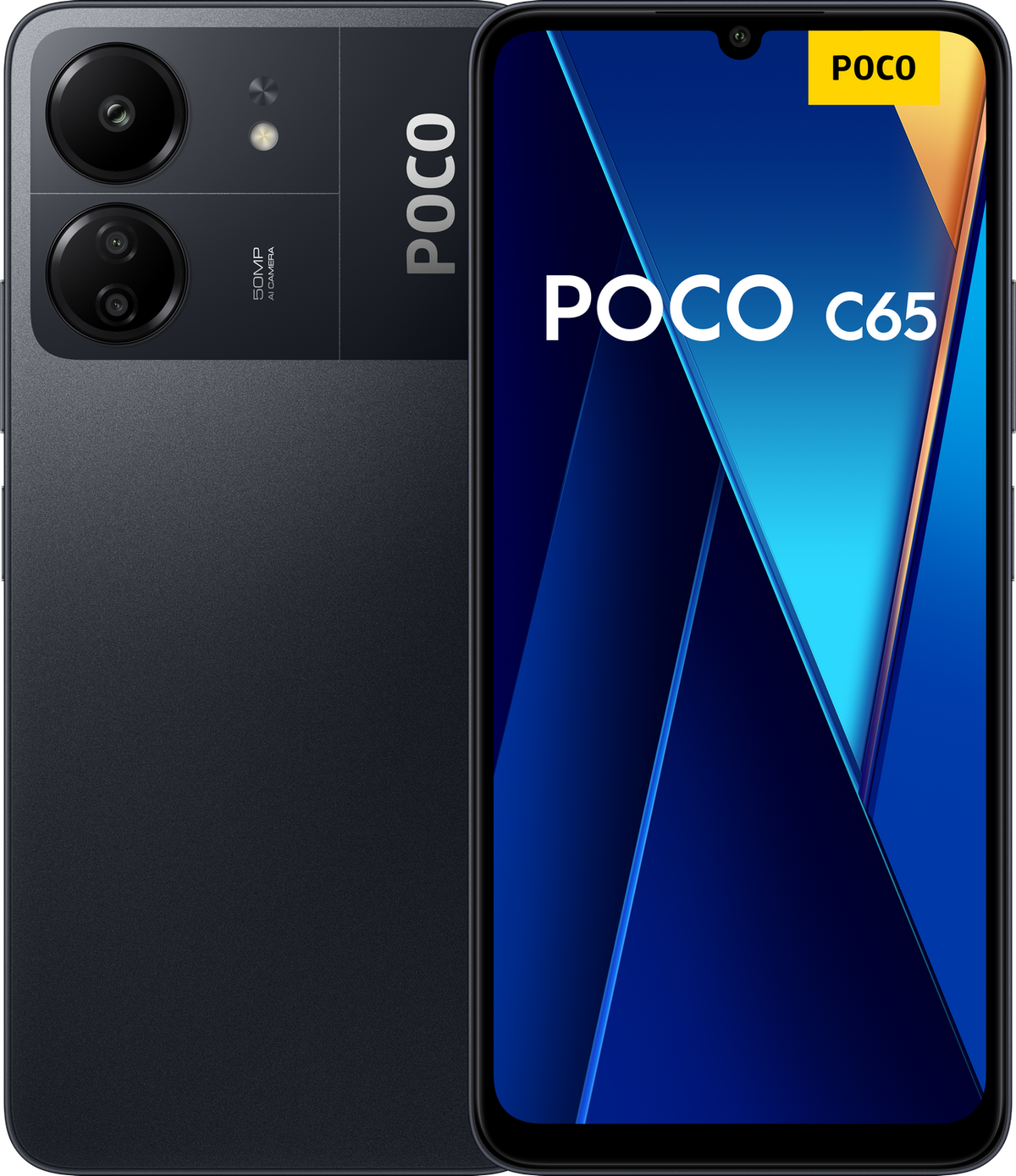 Czarny telefon z logo POCO i konfiguracją aparatu.